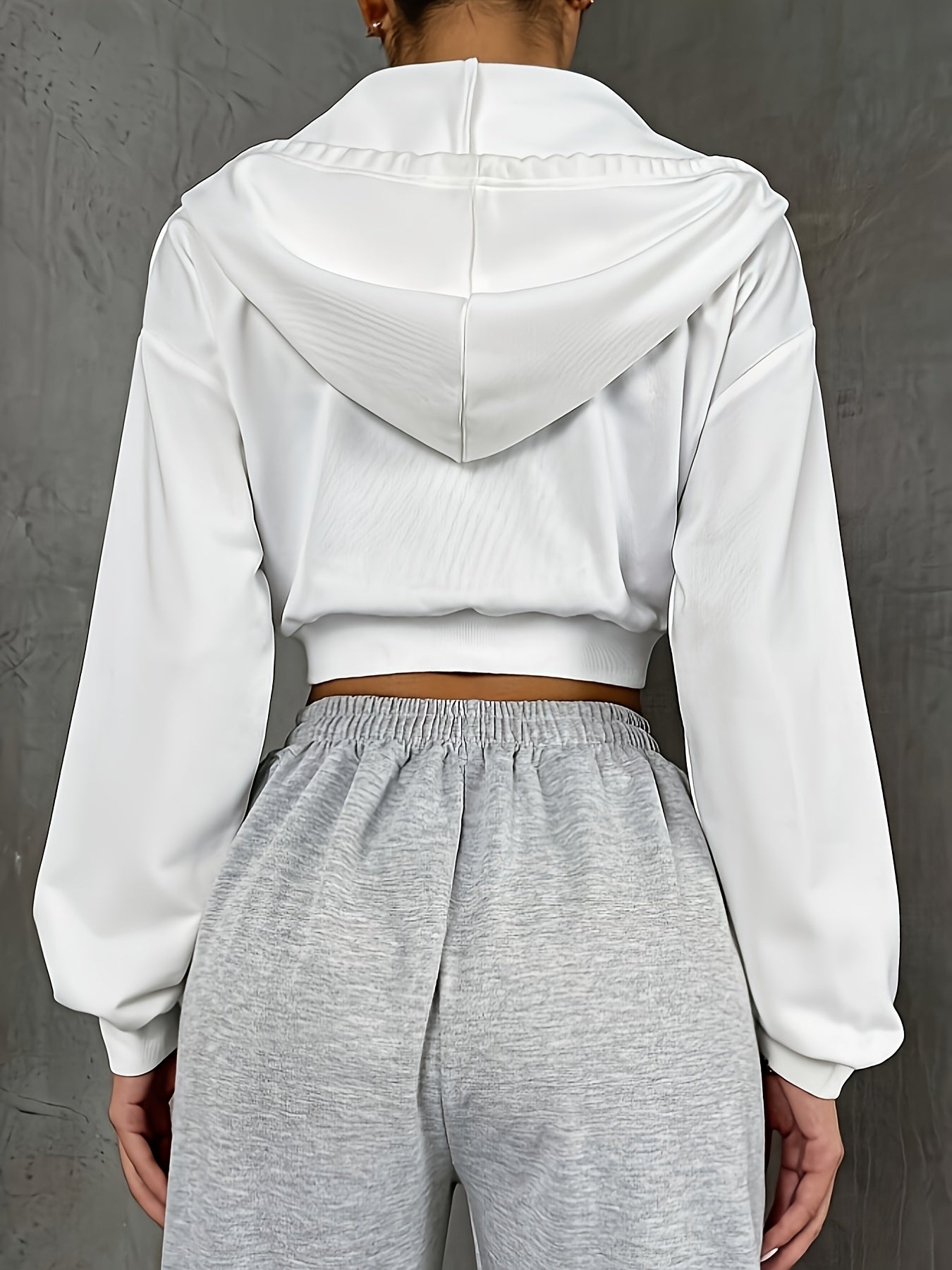 Sixsr Solid Zip Crop Hoodie, Casual Long Sleeve Drawstring Hoodies Sweatshirt, Women's Clothing