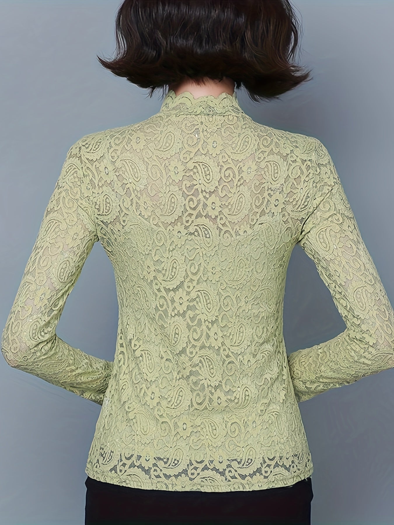 Sixsr Solid Lace Mock Neck Top, Elegant Long Sleeve Top For Spring & Fall, Women's Clothing
