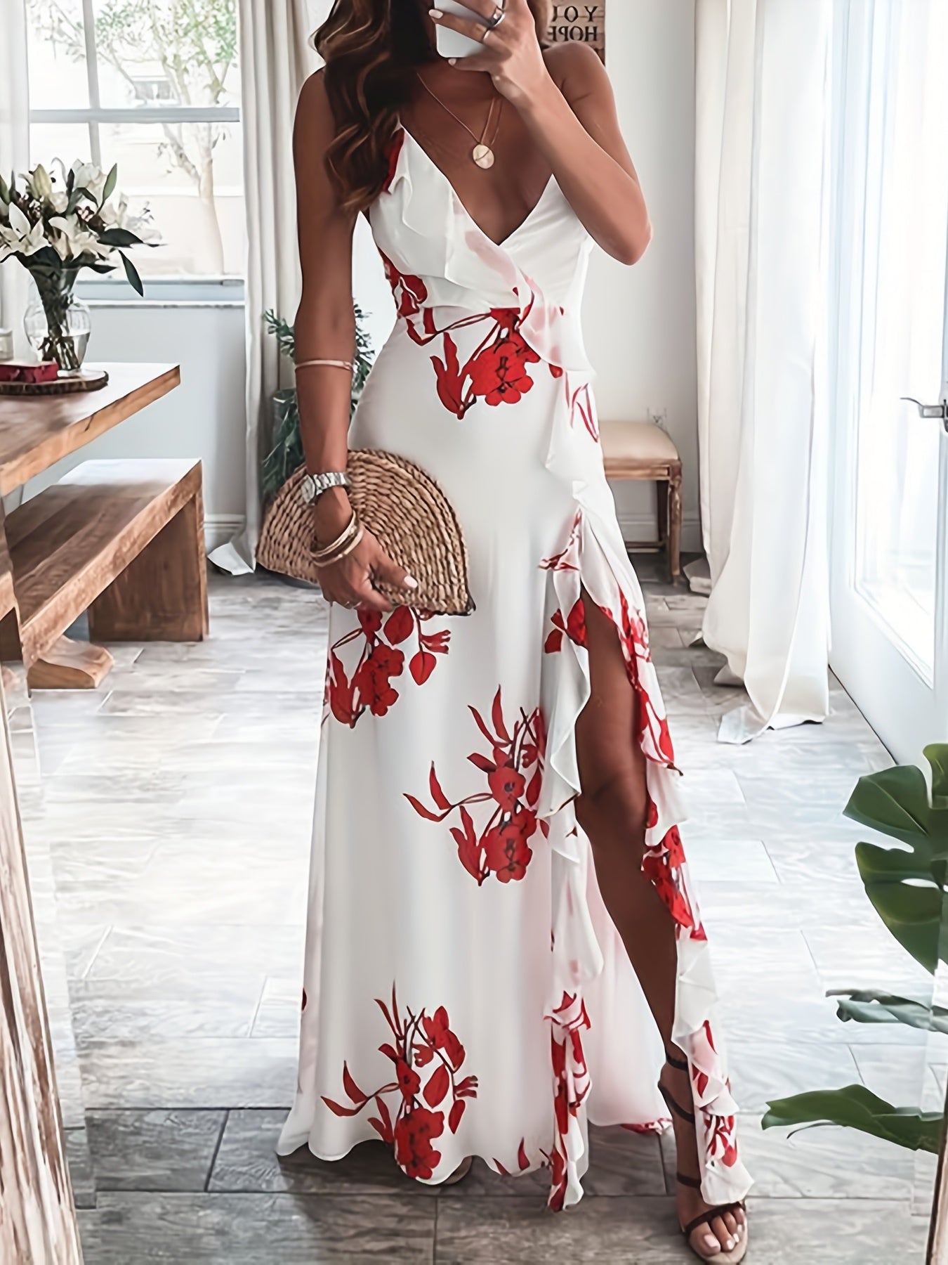 Floral Print Ruffle Trim Dress, Casual Split Thigh V Neck Dress, Women's Clothing