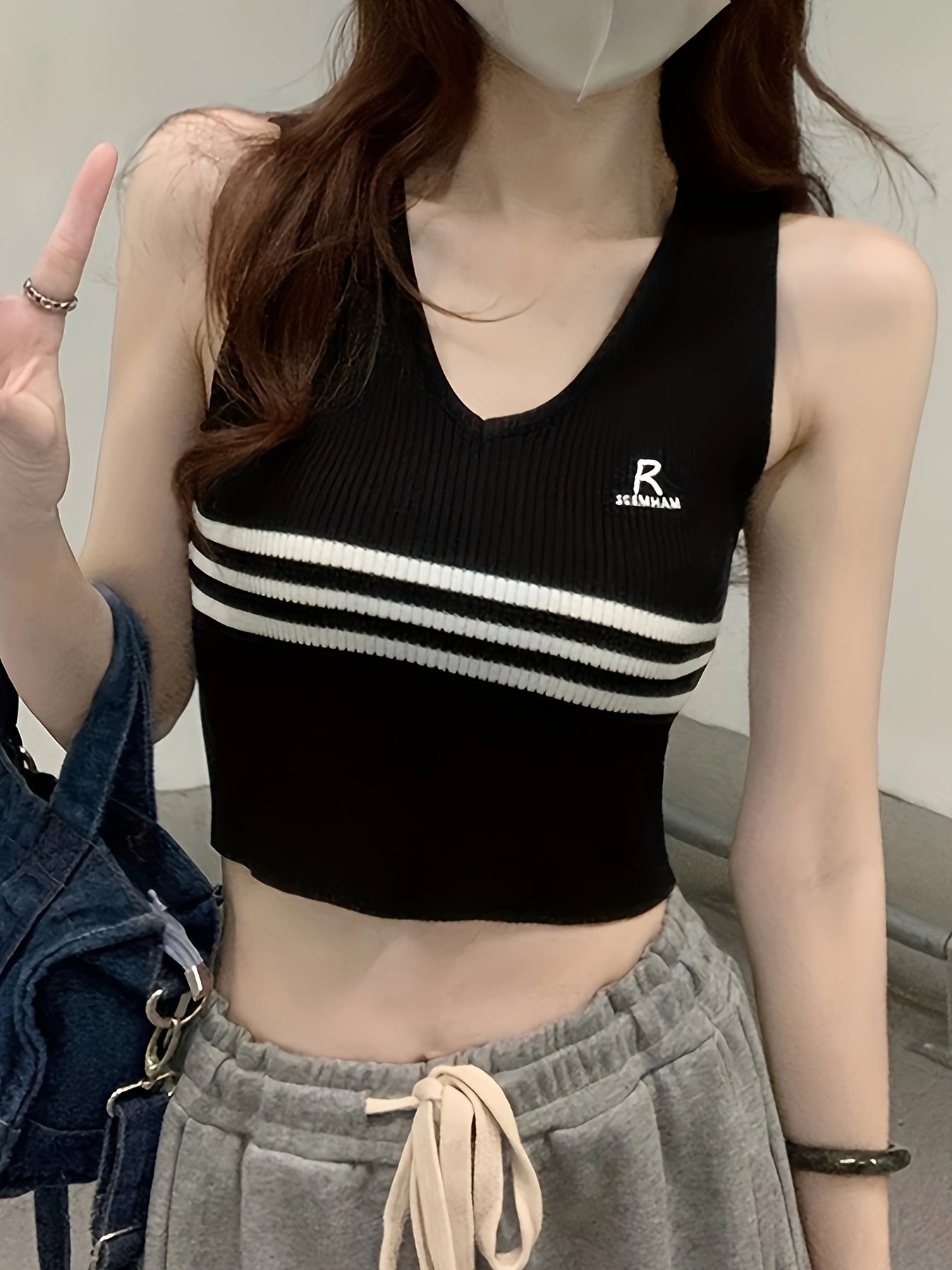 Sixsr Letter & Striped Pattern Crop Knitted Top Casual V Neck Sleeveless Tank Top, Women's Clothing