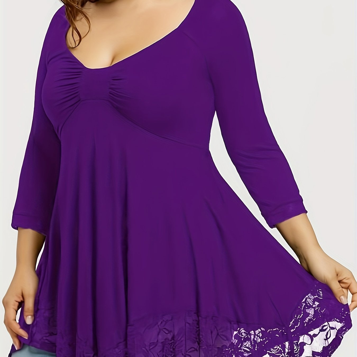 Sixsr Plus Size Floral Jacquard Contrast Lace Solid Tops, Women's Plus Round Neck Long Sleeve Elegant Top