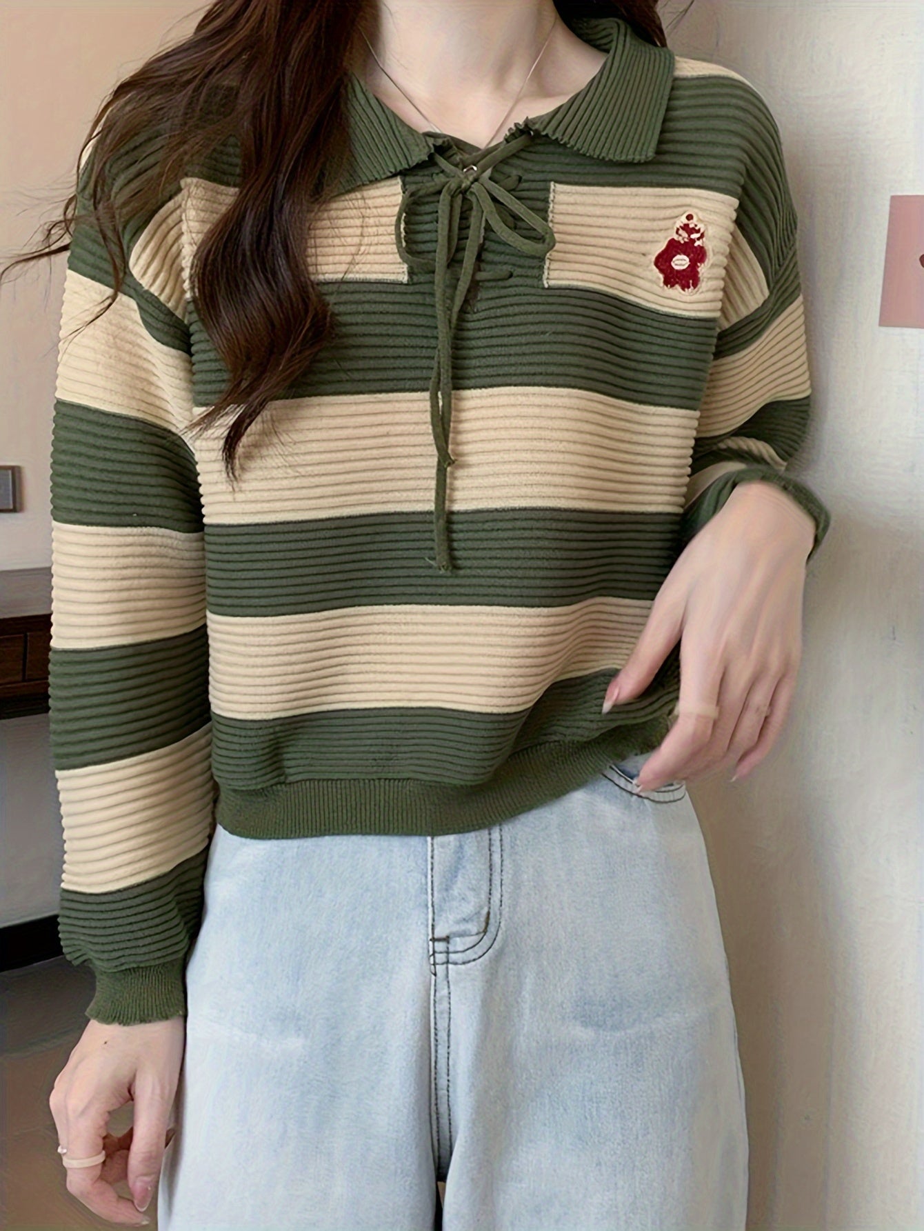 Sixsr Striped Tie Neck Pullover Sweater, Casual Long Sleeve Drop Shoulder Sweater, Women's Clothing