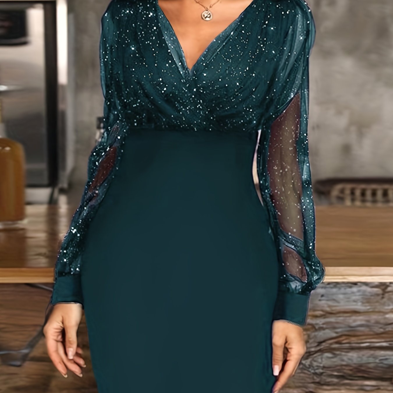 Solid Sequin Stitching Lace Long Sleeve Dress, Elegant Mesh Slim Sexy Party Dress, Women's Clothing