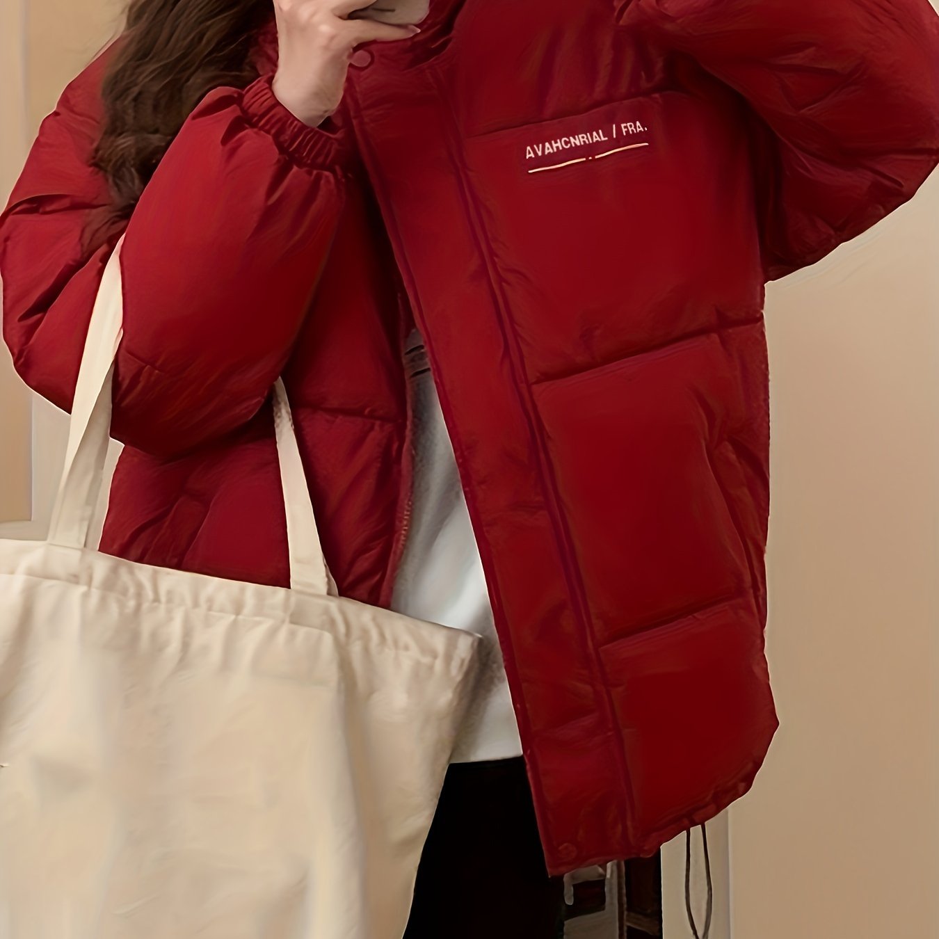 Sixsr Zip Up Letter Print Puffy Coat, Long Sleeve Slant Pockets Outwear For Winter, Women's Clothing