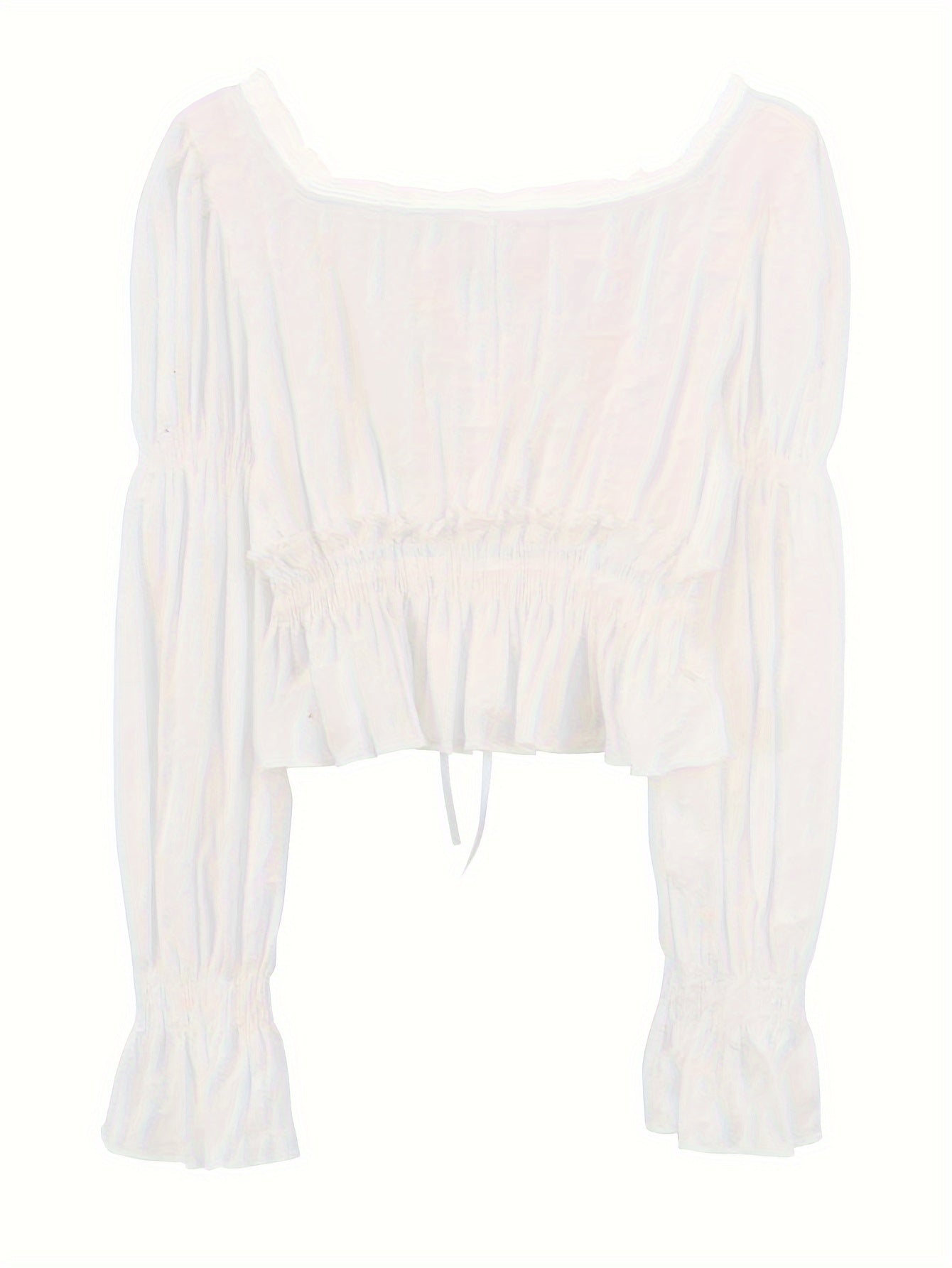Sixsr Ruffle Trim Queen Anne Neck Blouse, Chic Puff Sleeve Cinched Waist Crop Blouse For Spring & Fall, Women's Clothing