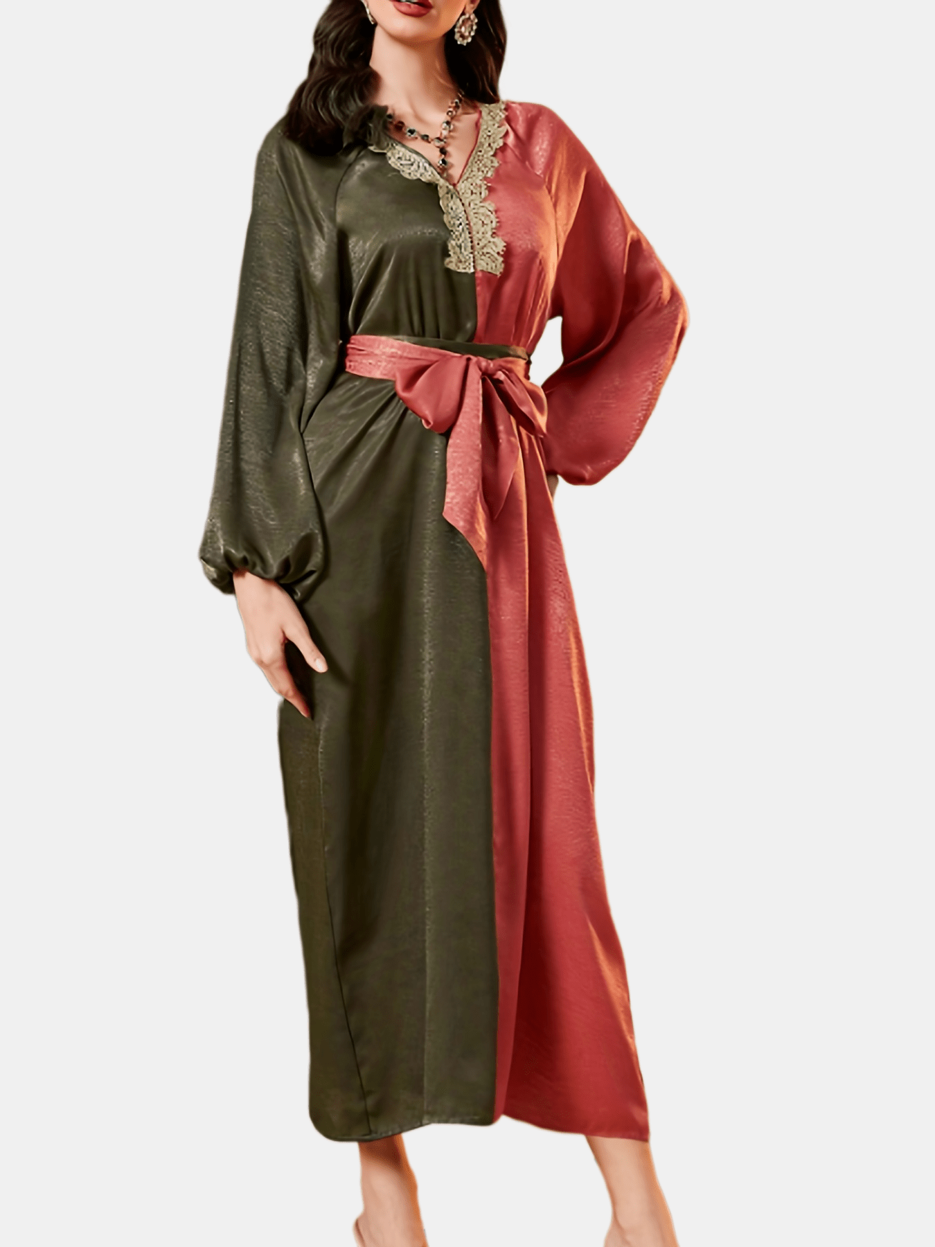 Sixsr Color Block Lace Trim Belted Dress, Elegant V-neck Lantern Sleeve Dress For Spring & Fall, Women's Clothing