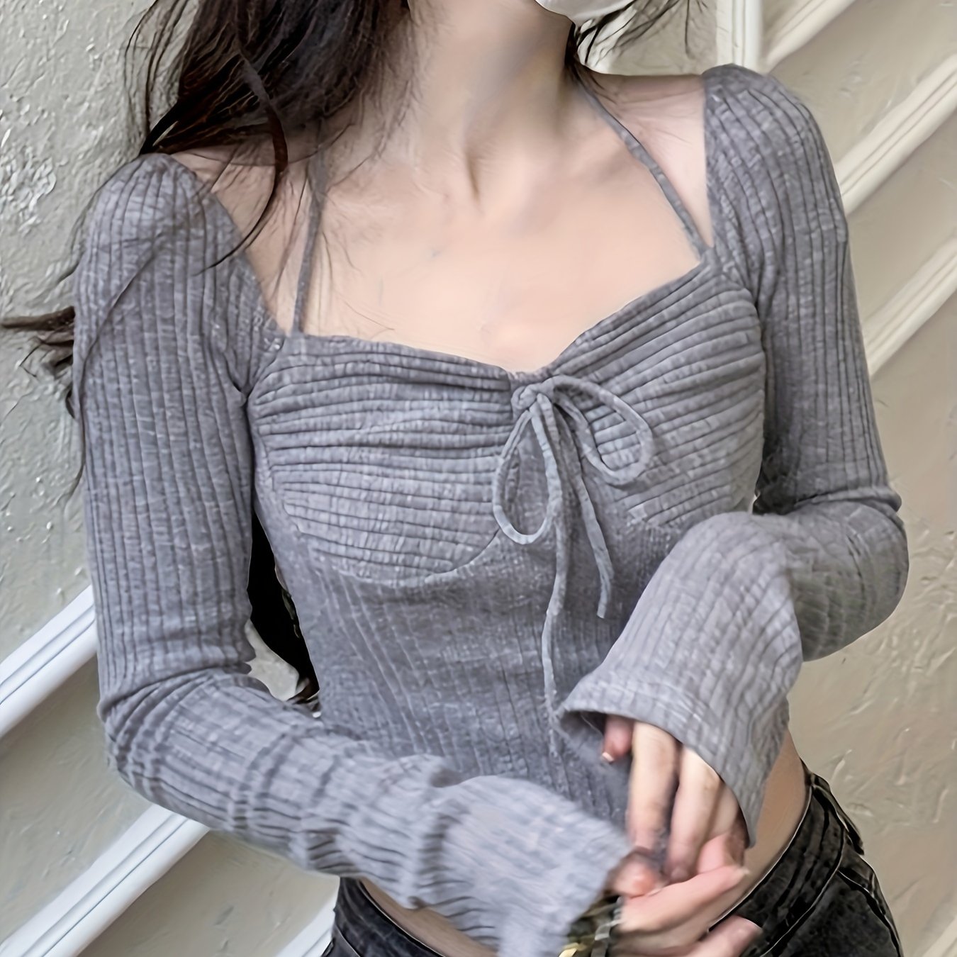 Sixsr Curved Hem Tie Front T-Shirt, Elegant Square Neck Crop Solid T-Shirt For Spring & Fall, Women's Clothing