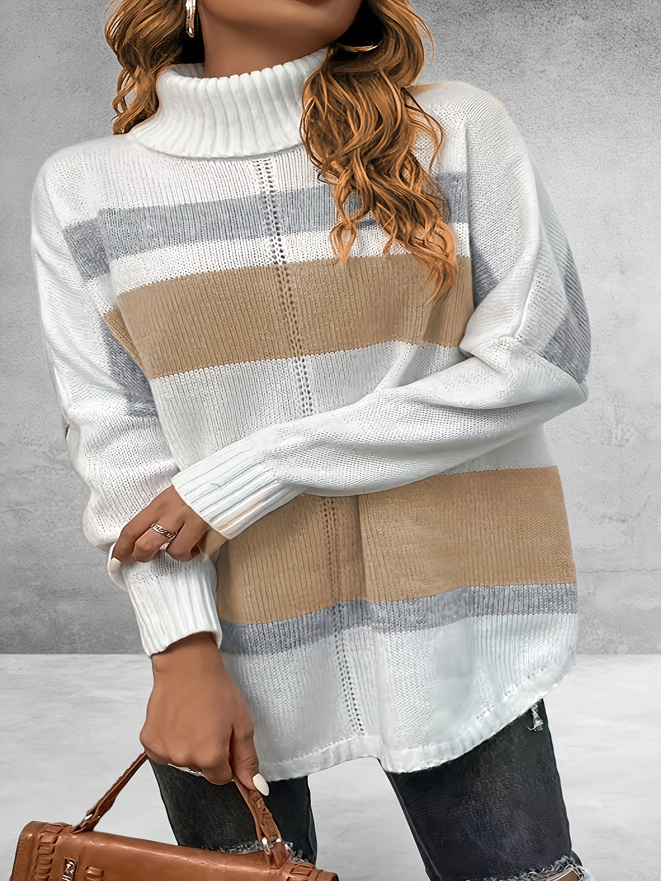 Sixsr Plus Size Casual Sweater, Women's Plus Colorblock Long Sleeve Turtle Neck Slight Stretch Sweater