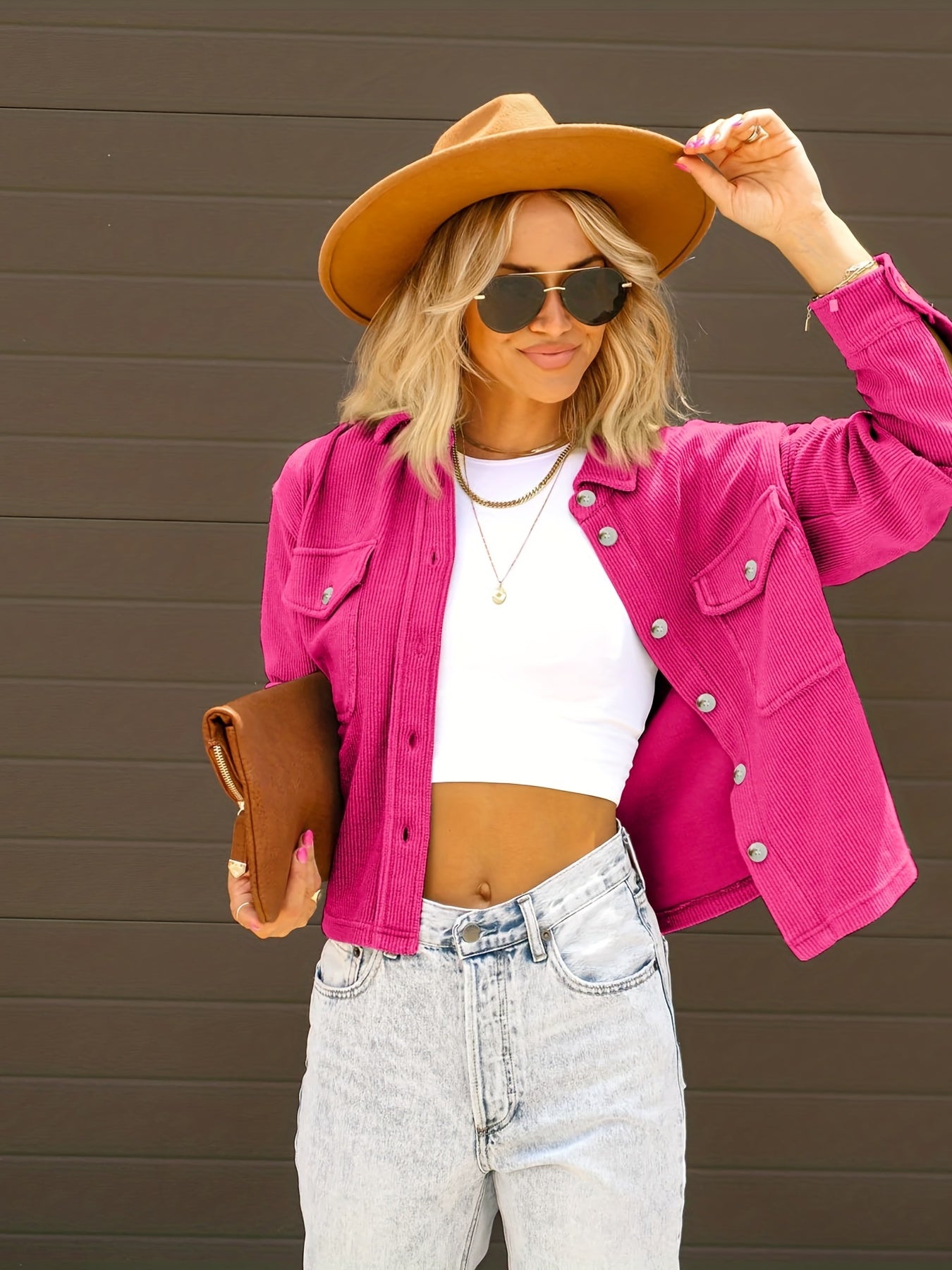 Sixsr Button Front Flap Pockets Jacket, Casual Long Sleeve Jacket For Spring & Fall, Women's Clothing