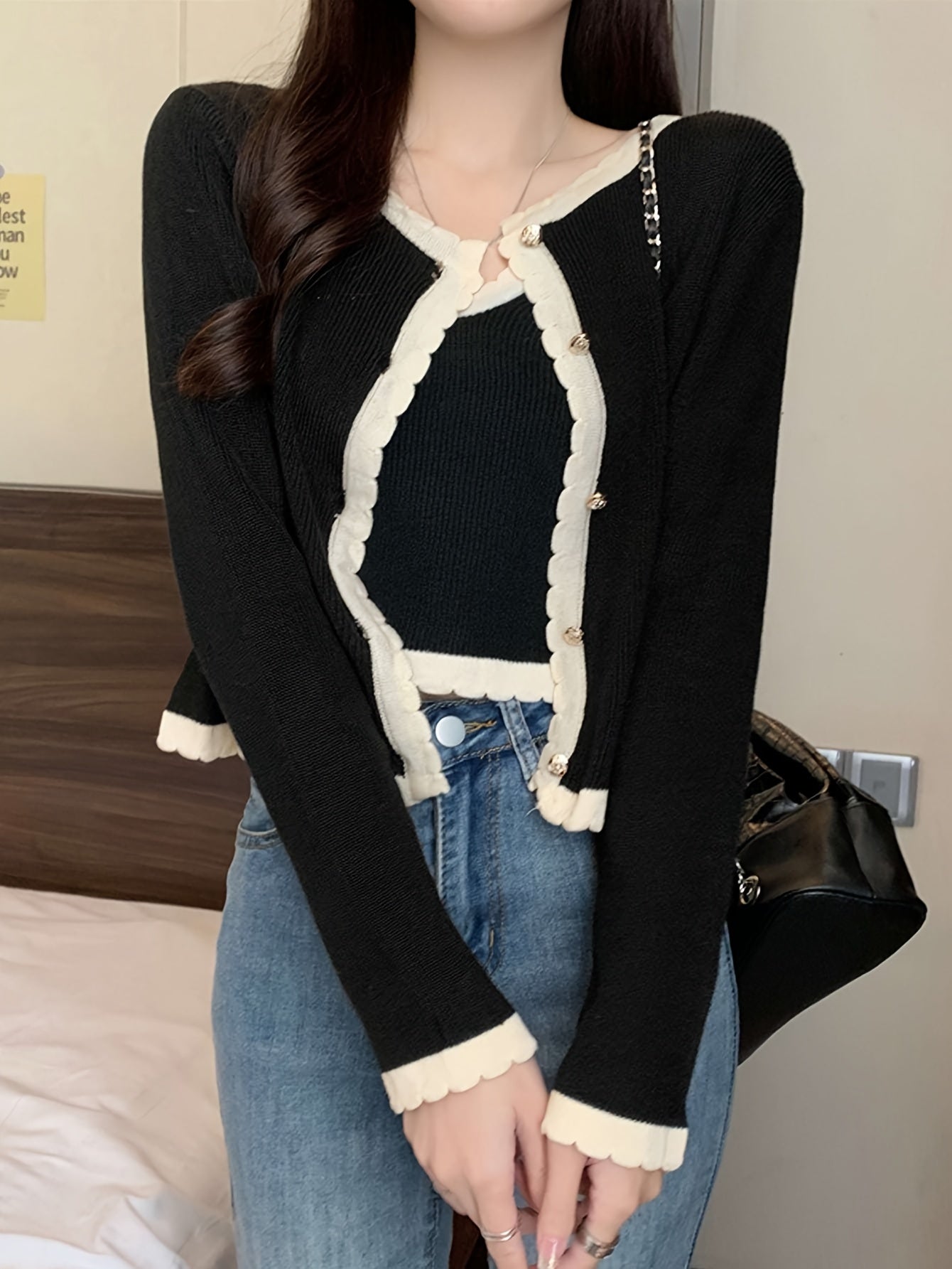 Sixsr Scallop Trim Button Up Knit Cardigan, Elegant Long Sleeve Slim Crop Cardigan, Women's Clothing