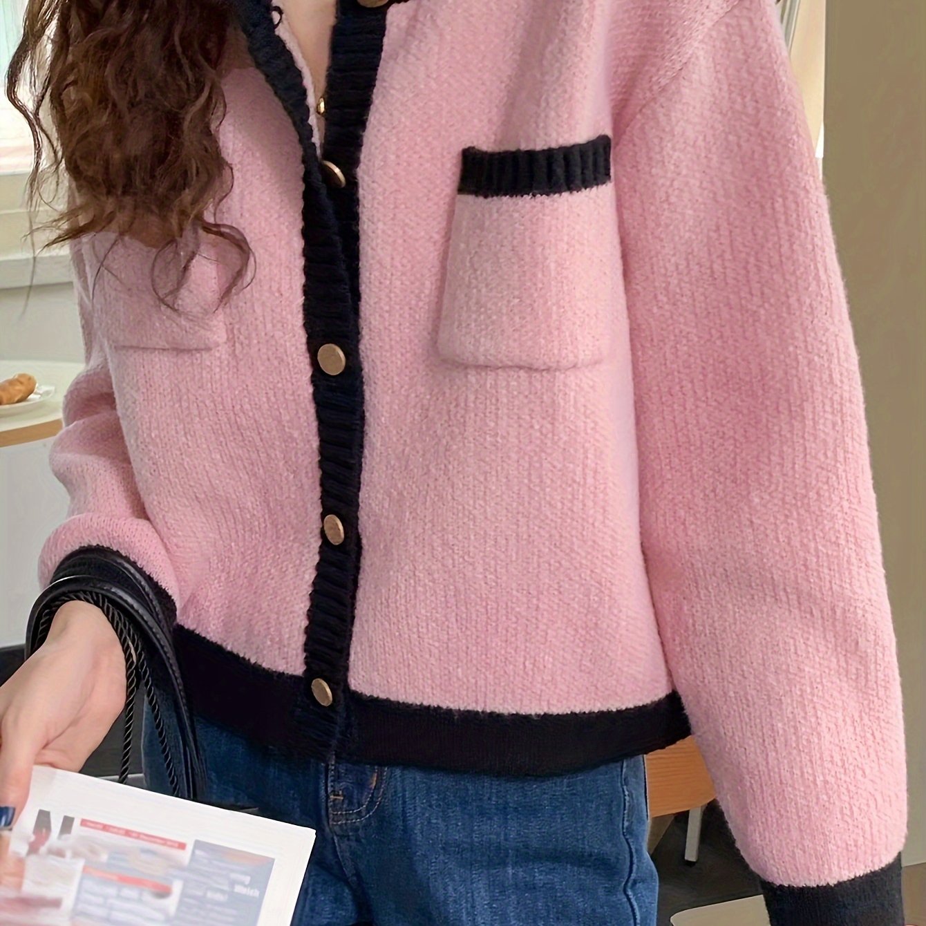 Sixsr Contrast Trim Knitted Cardigan, Elegant Button Front Long Sleeve Cardigan, Women's Clothing