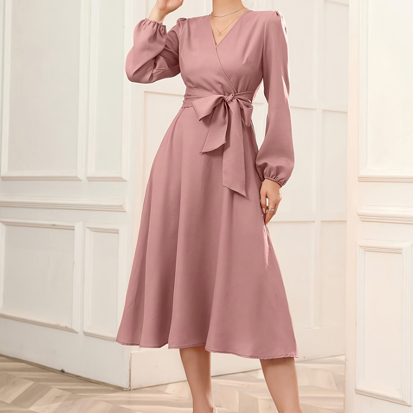 Sixsr Solid Surplice Neck Dress, Elegant Long Sleeve Belted Dress, Women's Clothing