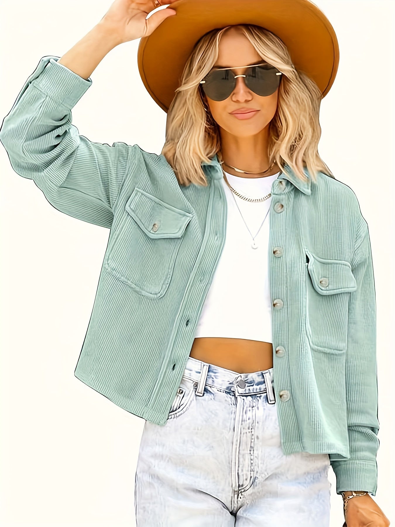 Sixsr Button Front Flap Pockets Jacket, Casual Long Sleeve Jacket For Spring & Fall, Women's Clothing