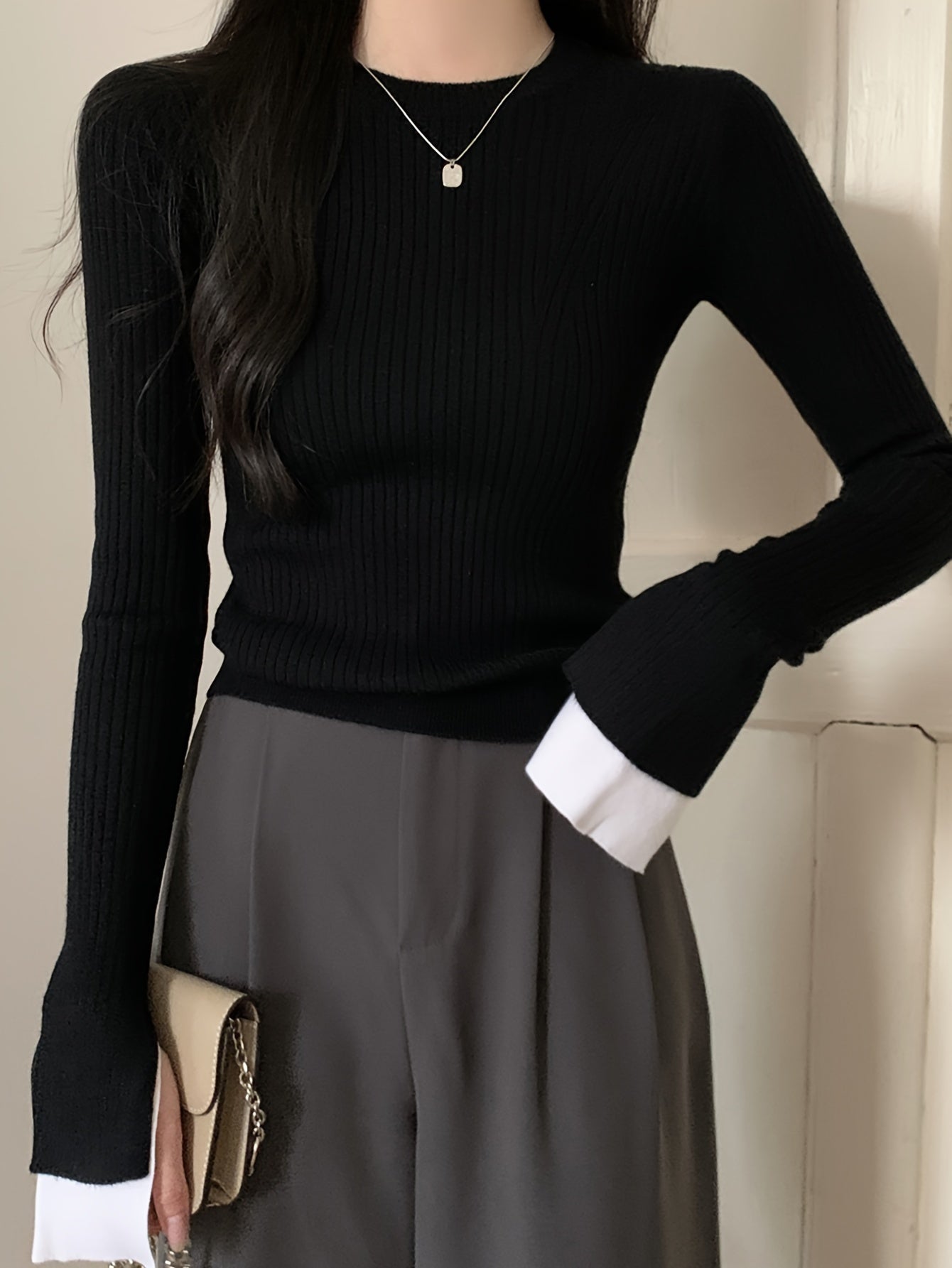 Sixsr Contrast Trim Crew Neck Pullover Sweater, Casual Long Sleeve Slim Knitting Sweater For Every Day, Women's Clothing