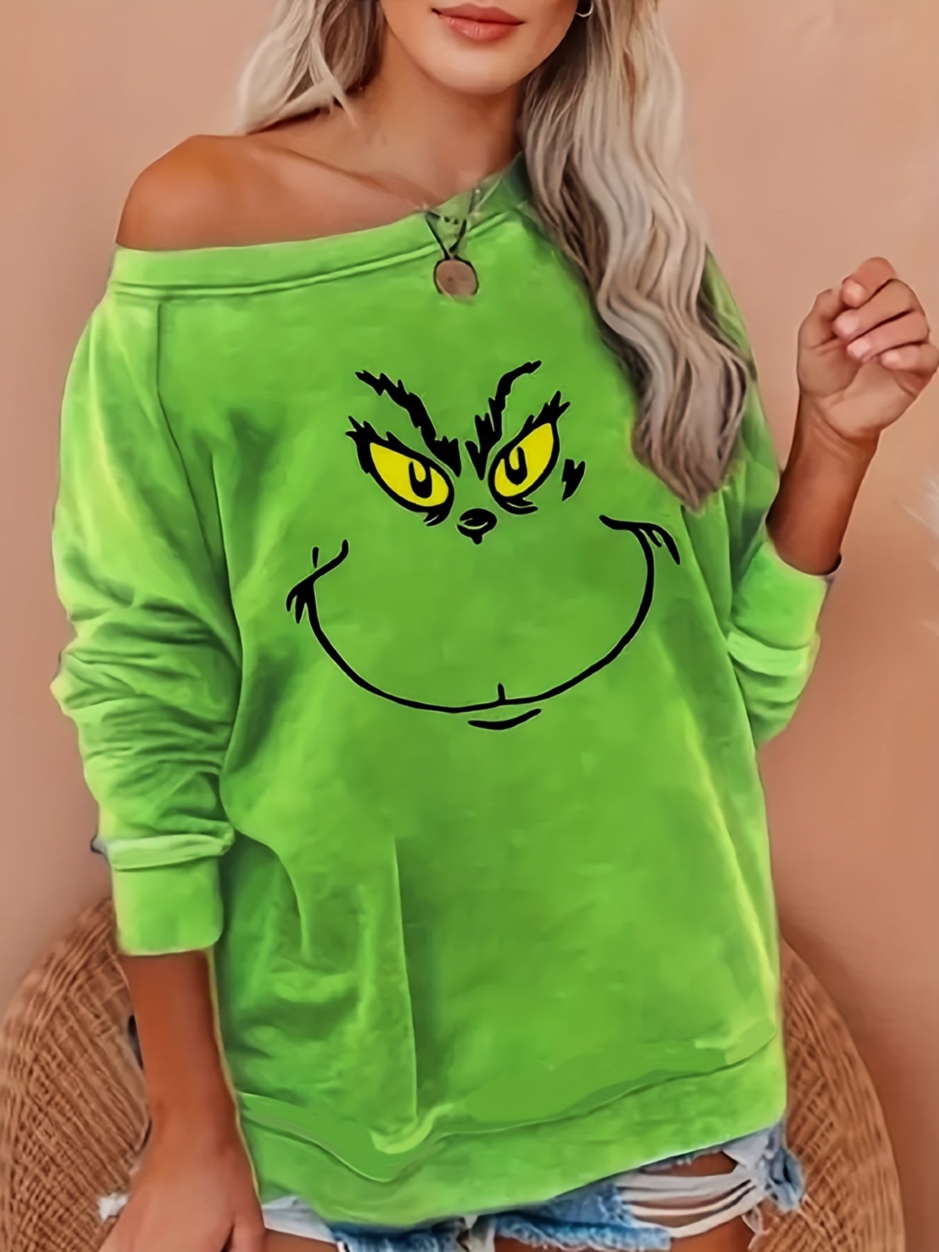 Sixsr Plus Size Casual Sweatshirt, Women's Plus Funny Cartoon Print Long Sleeve Round Neck Medium Stretch Sweatshirt