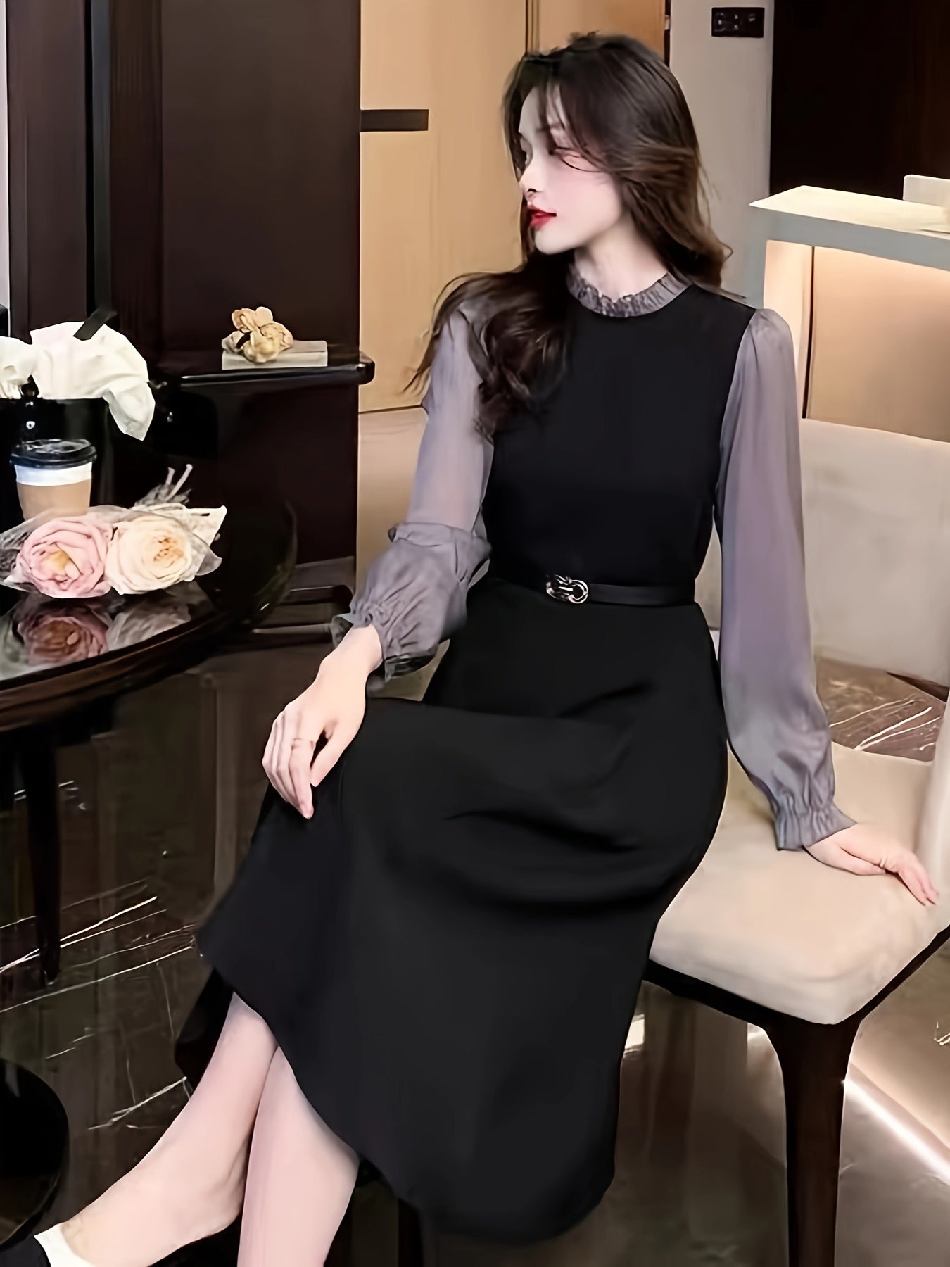 Sixsr Color Block Lettuce Trim Dress, Elegant Long Sleeve Midi Dress, Women's Clothing