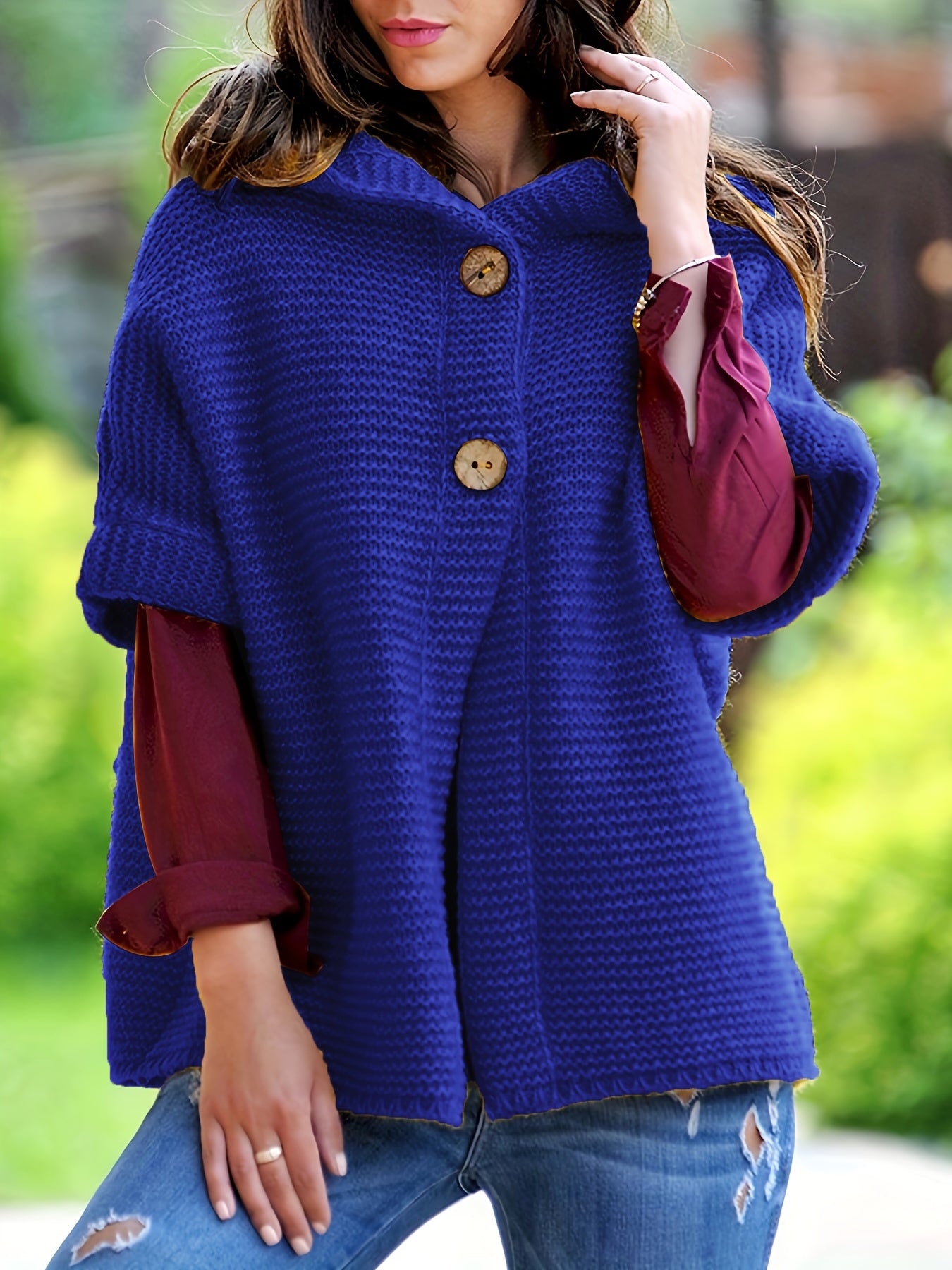 Sixsr Plus Size Casual Sweater, Women's Plus Solid Button Up Short Sleeve Hooded Sweater