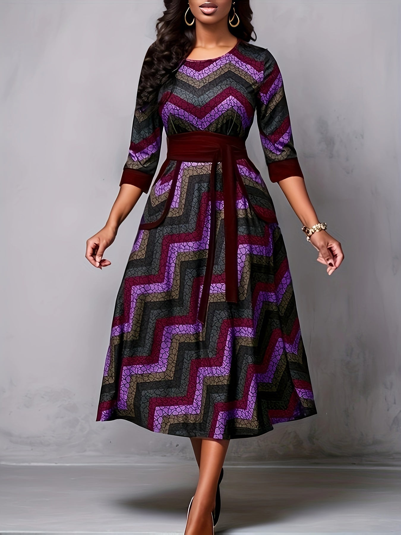 Sixsr Geo Print Tie Front Dress, Casual Pocket Crew Neck Half Sleeve Dress, Women's Clothing