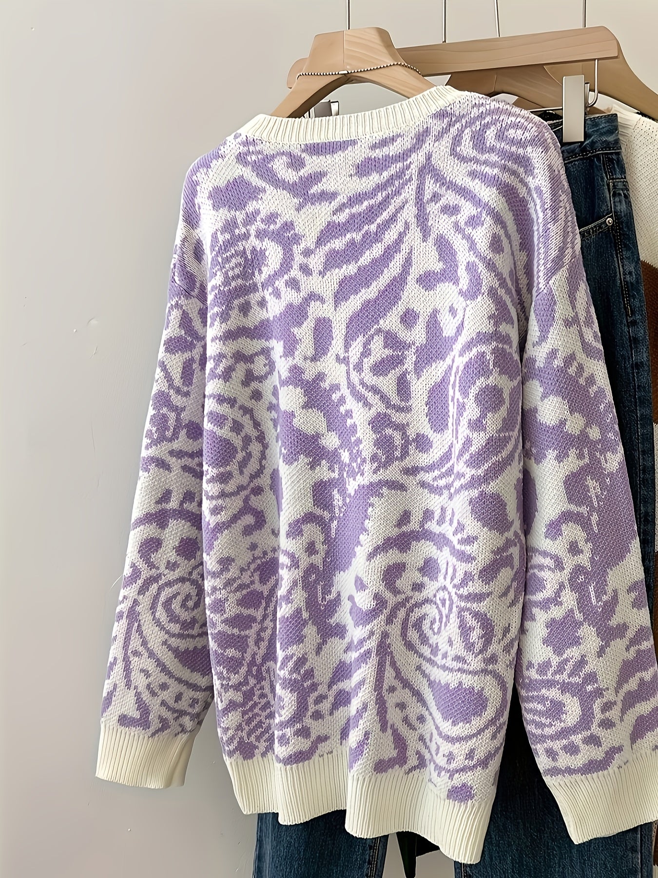 Sixsr Allover Pattern Crew Neck Pullover Sweater, Casual Long Sleeve Loose Sweater, Women's Clothing