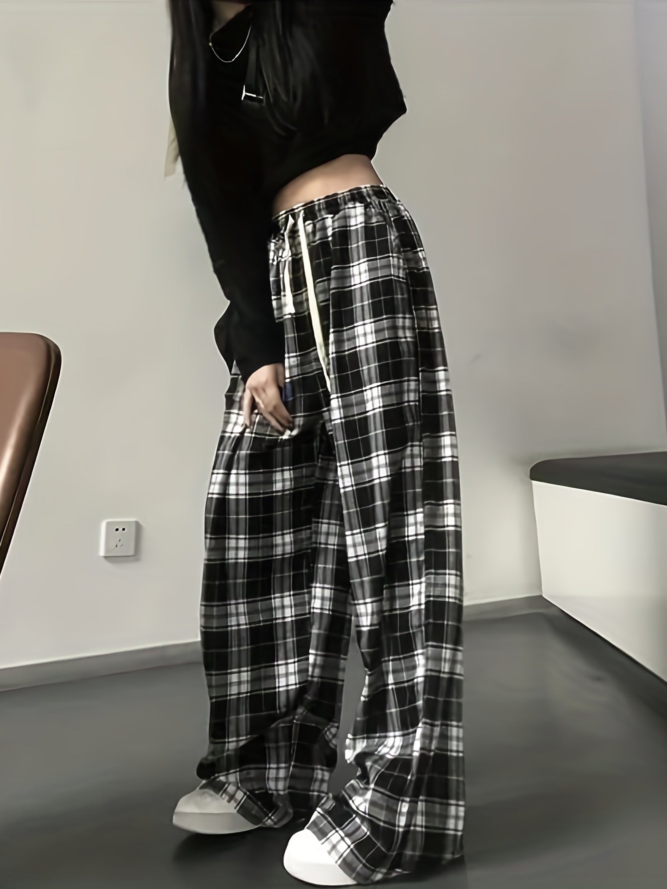 Sixsr Plaid Drawstring Straight Leg Pants, Casual Loose Pants For Spring & Fall, Women's Clothing