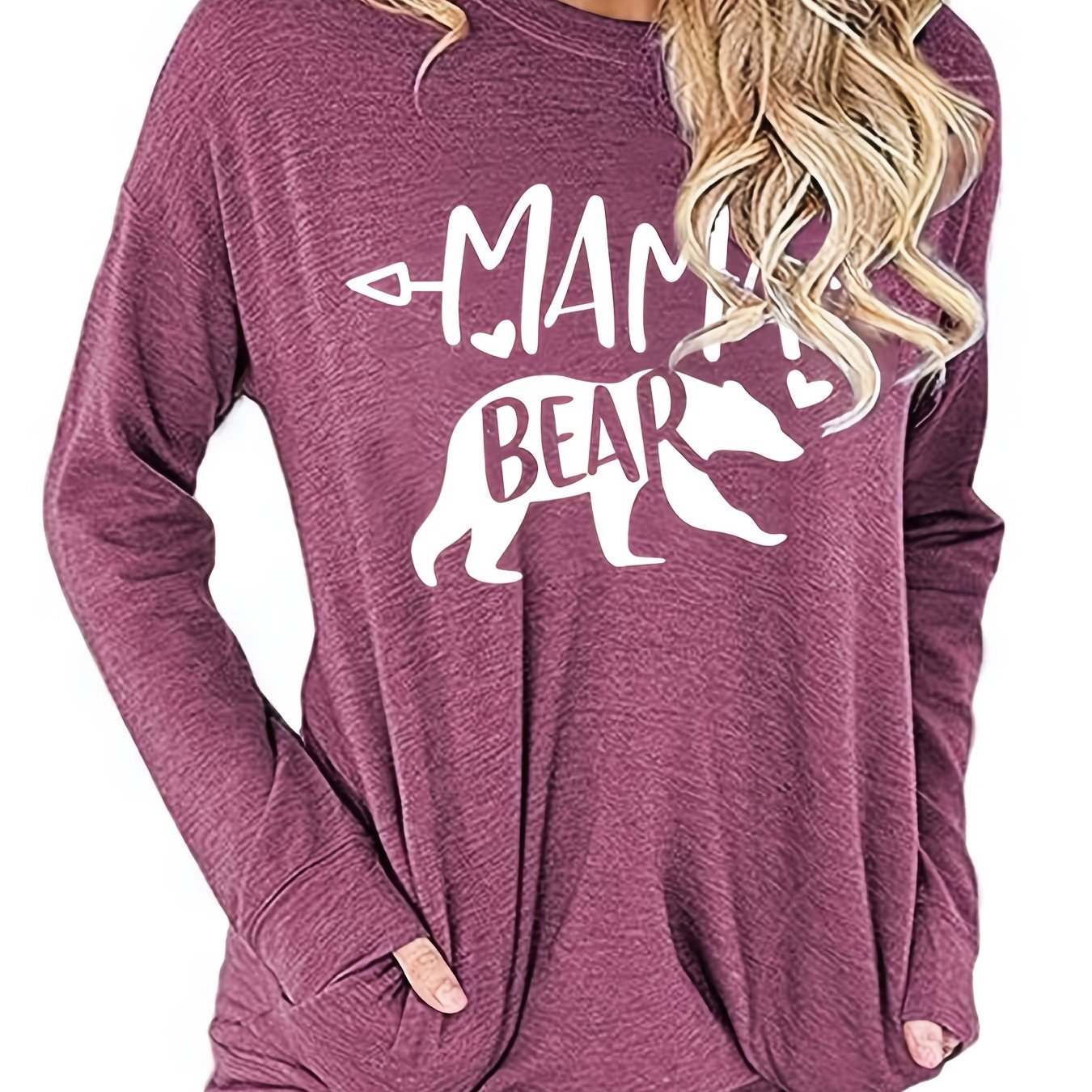 Sixsr Mamabear Bear Pattern Print T-shirt, Round Neck Long Sleeve Pullover T-Shirt, Women's Clothing