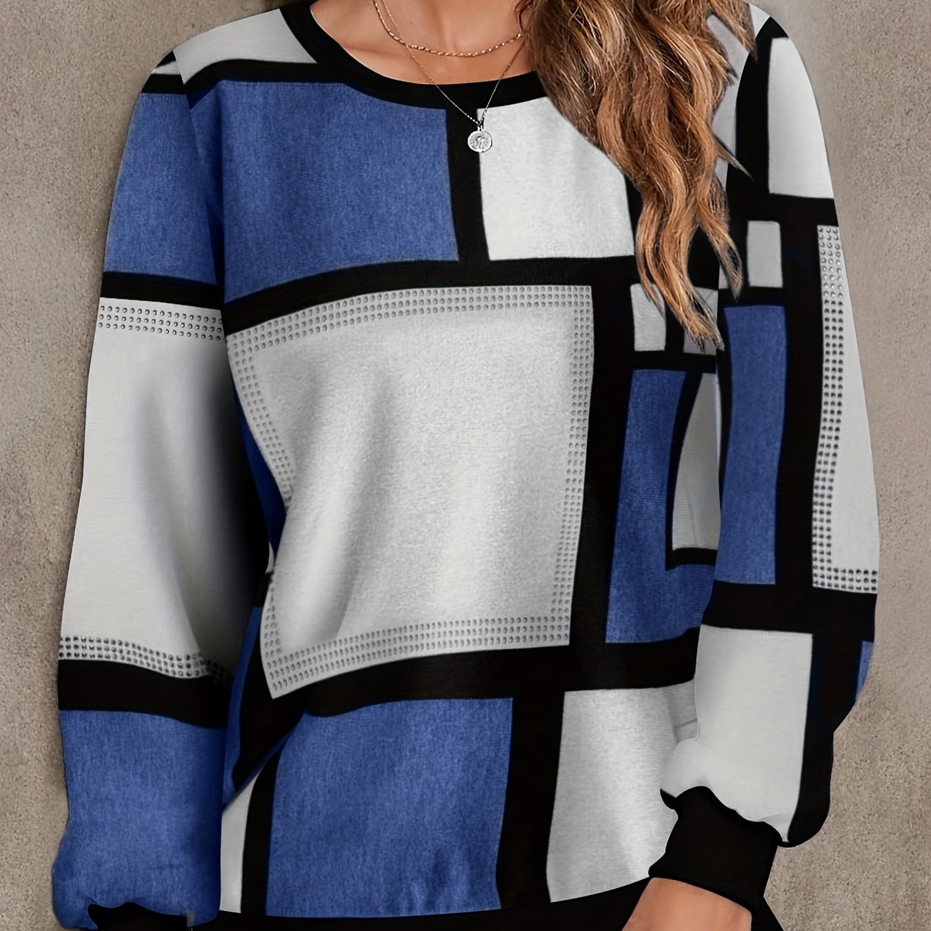 Sixsr Plus Size Casual Sweatshirt, Women's Plus Rhinestone Colorblock Long Sleeve Round Neck Slight Stretch Sweatshirt