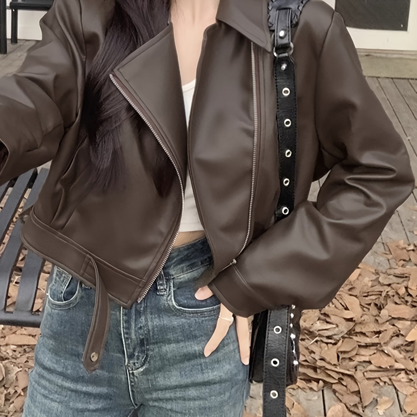 Sixsr Faux Leather Zip-up Jacket, Casual Long Sleeve Crop Biker Jacket For Fall & Winter, Women's Clothing