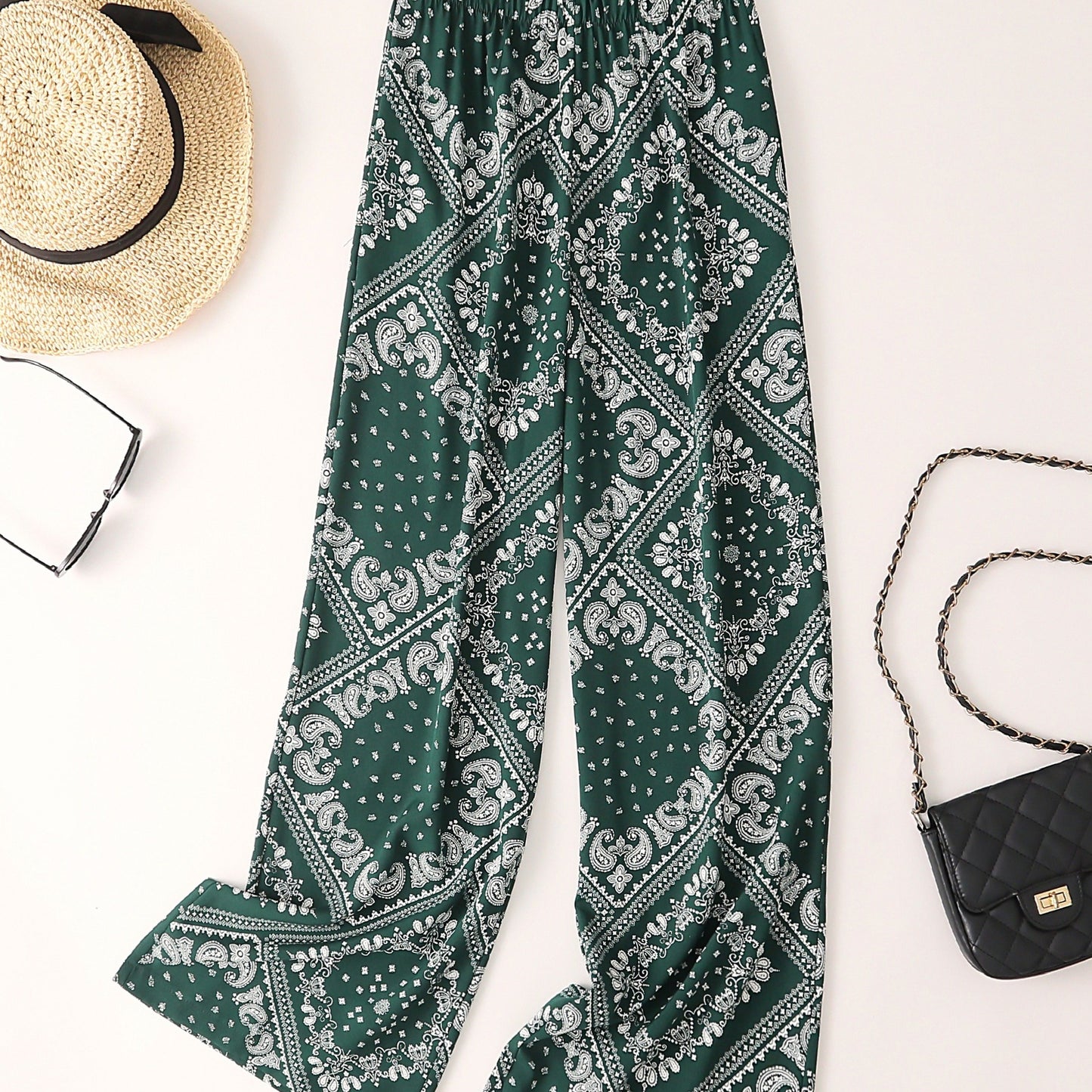 Paisley Scarf Print Wide Leg Pants, Boho Casual Loose Pants For Spring & Summer, Women's Clothing