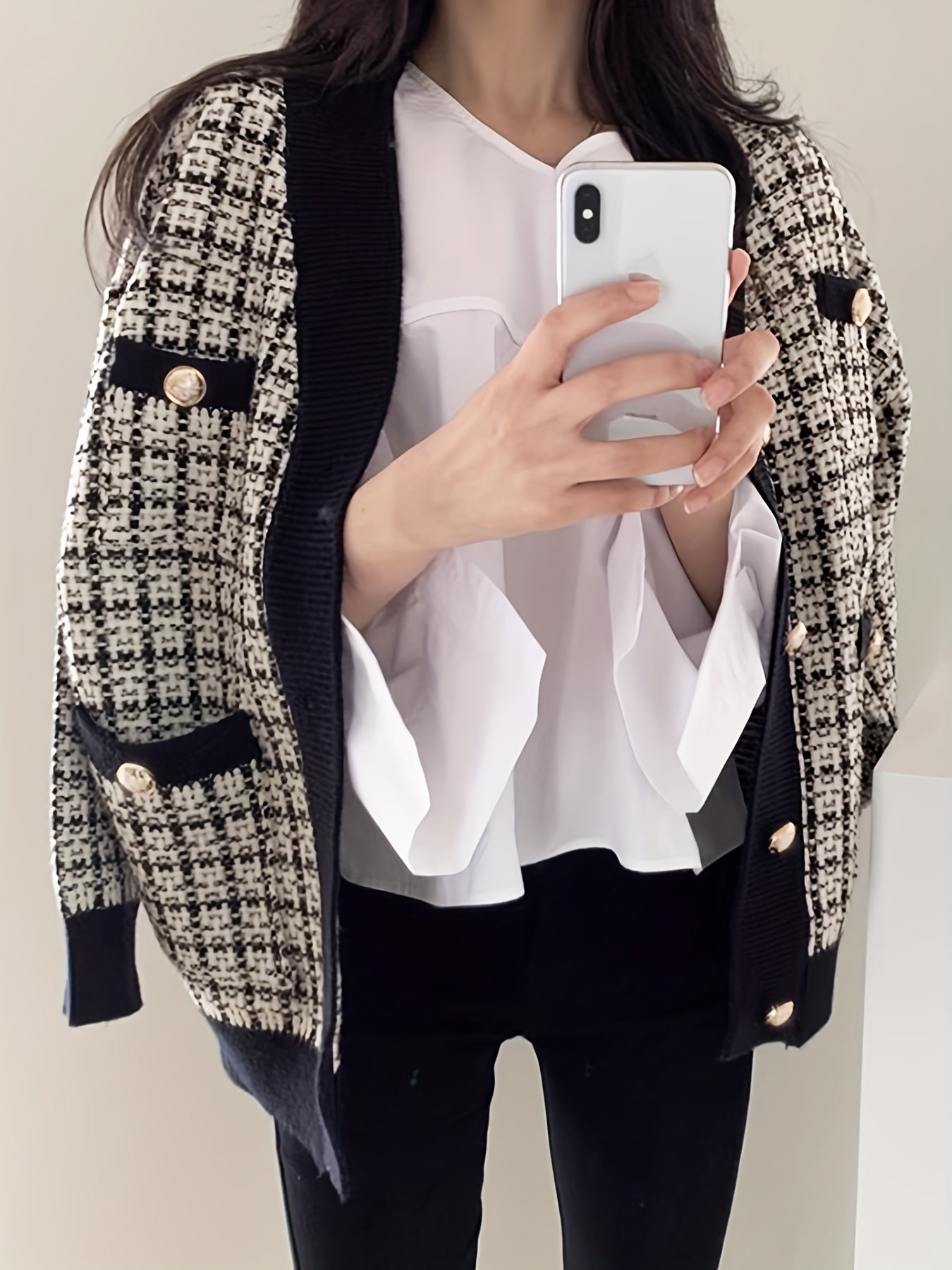 Sixsr Plaid Button Down Knit Cardigan, Vintage Long Sleeve Pocket Fashion Sweater, Women's Clothing