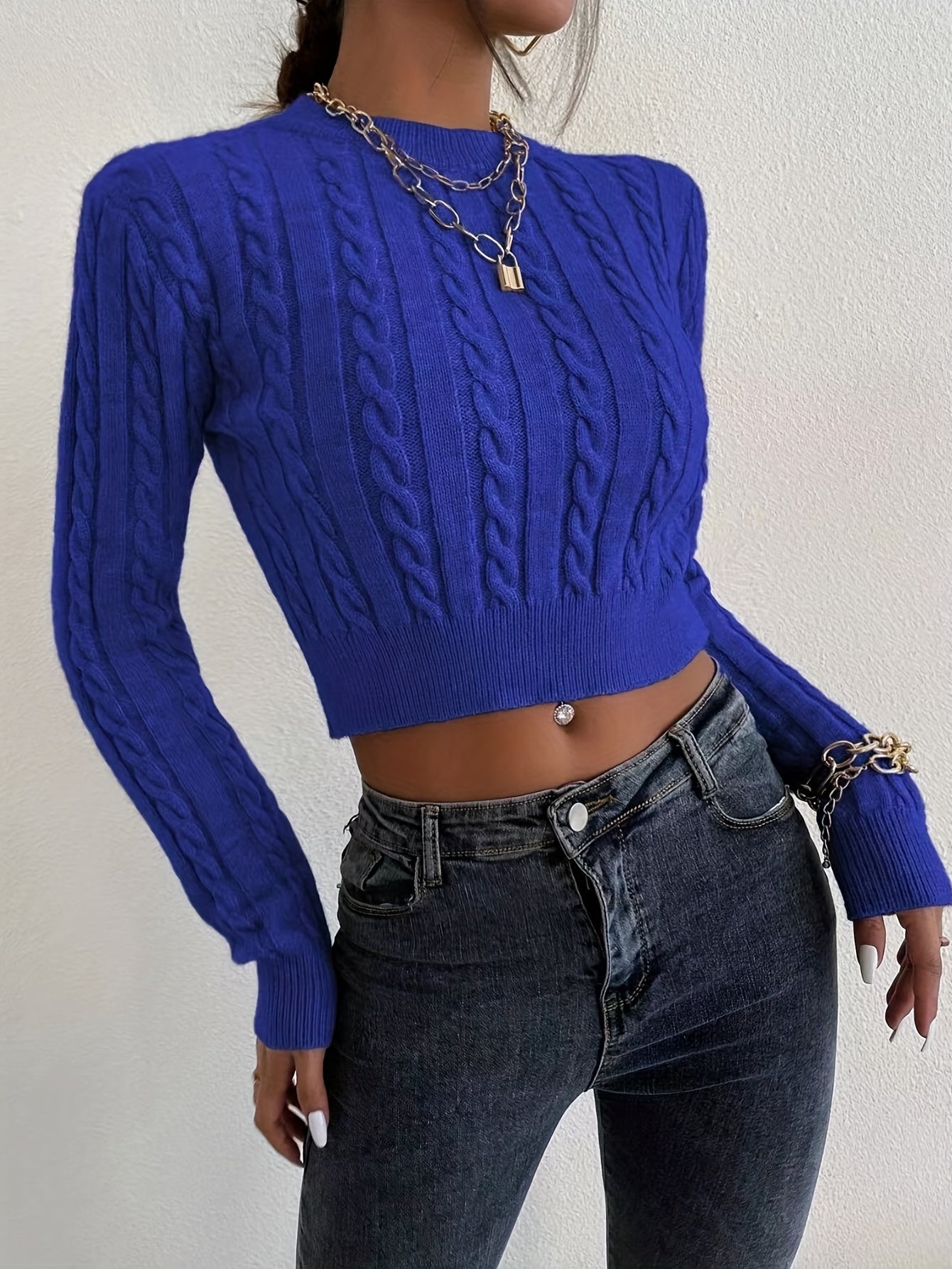 Sixsr Solid Cable Knit Sweater, Casual Crew Neck Long Sleeve Slim Sweater, Women's Clothing