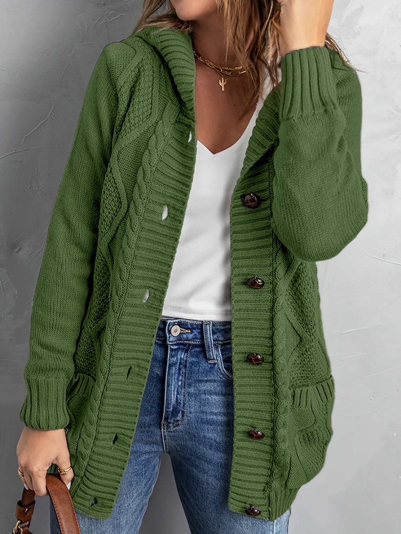 Sixsr Oversized Knit Hoodie, Long Chunky Knit Front Pocket Hooded Cardigan Sweater, Casual Tops For Fall & Winter, Women's Clothing
