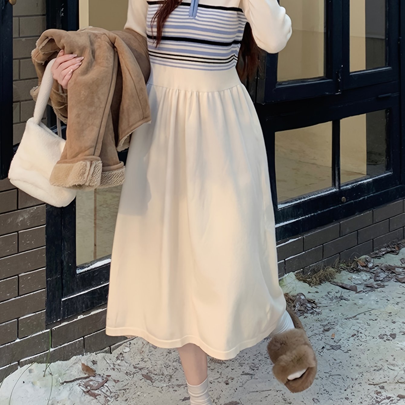 Sixsr Striped Contrast Trim Waist Sweater Dress, Long Sleeve Lapel Collar Causal Dress, Women's Clothing