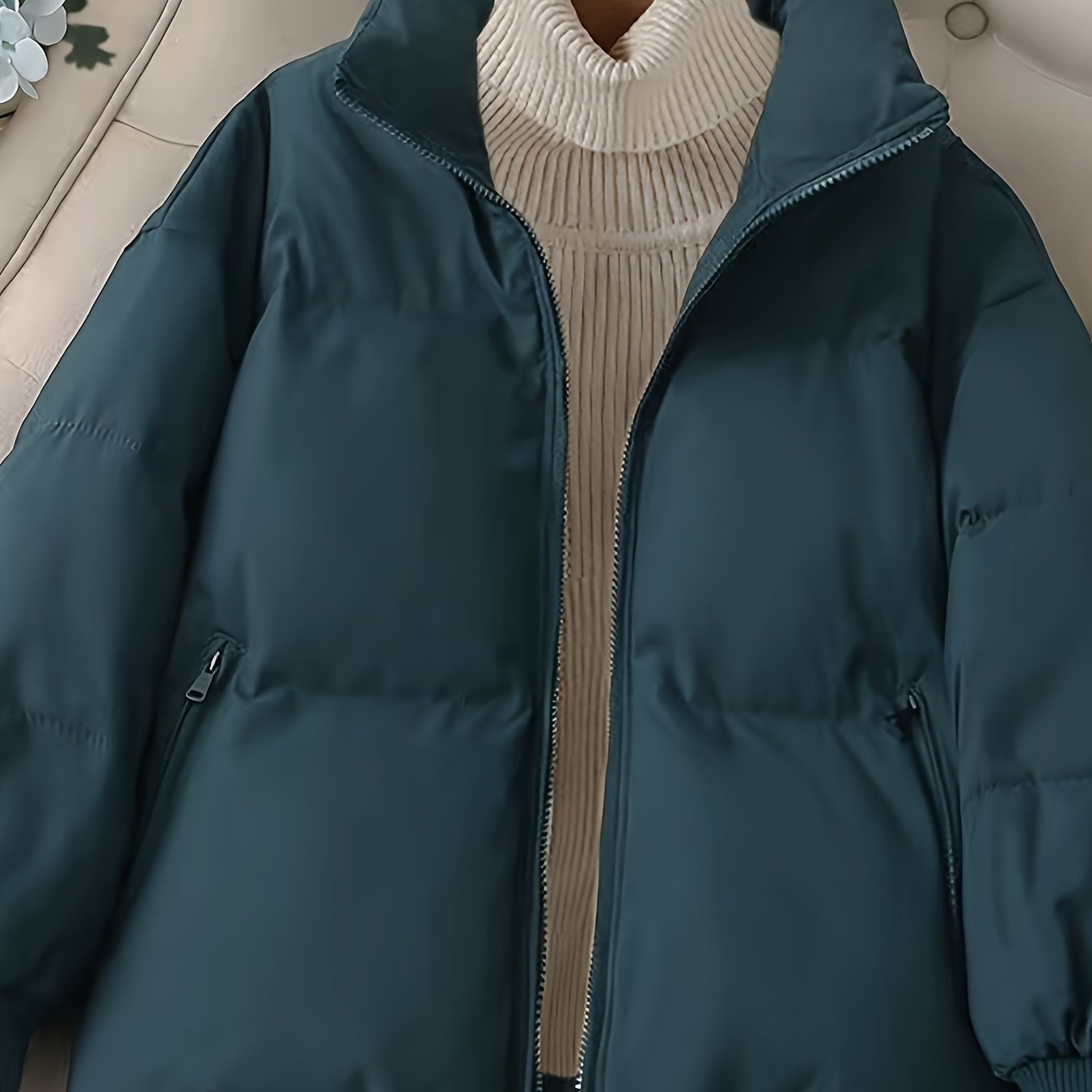 Sixsr Solid Zip Front Coat, Casual Stand Collar Long Sleeve Fall & Winter Warm Outerwear, Women's Clothing