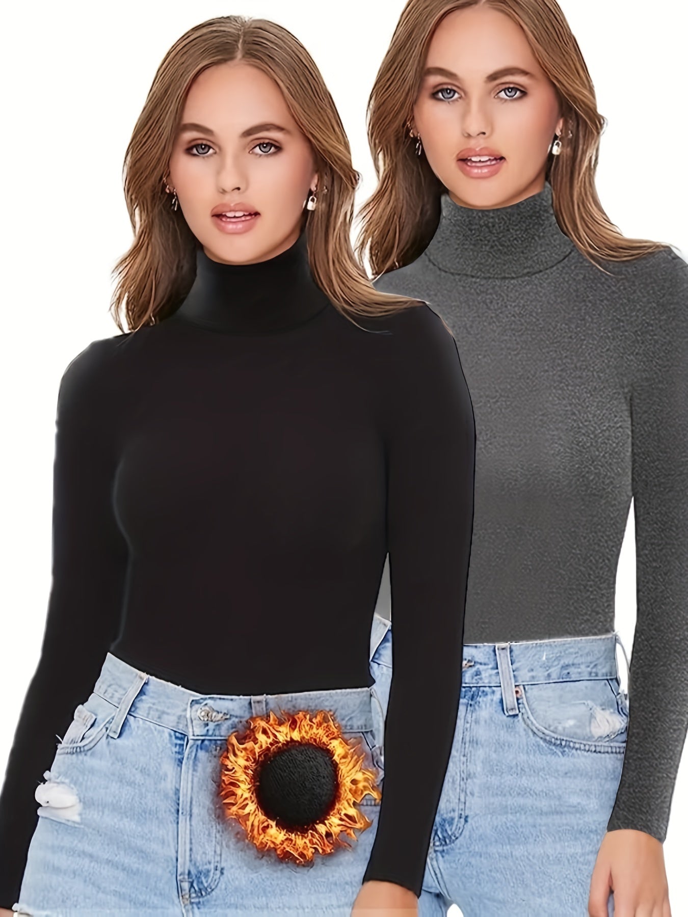 Sixsr 2 Packs Warm Turtleneck T-Shirts, Casual Long Sleeve Top For Spring & Fall, Women's Clothing