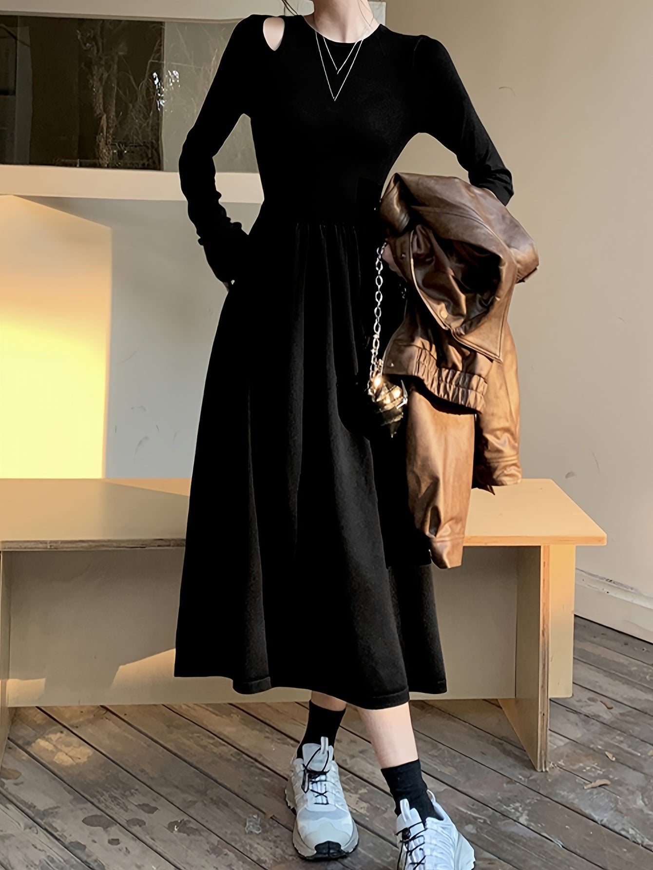 Sixsr Cut Out Long Sleeve A-line Dress, Chic Crew Neck Midi Length Dress, Women's Clothing