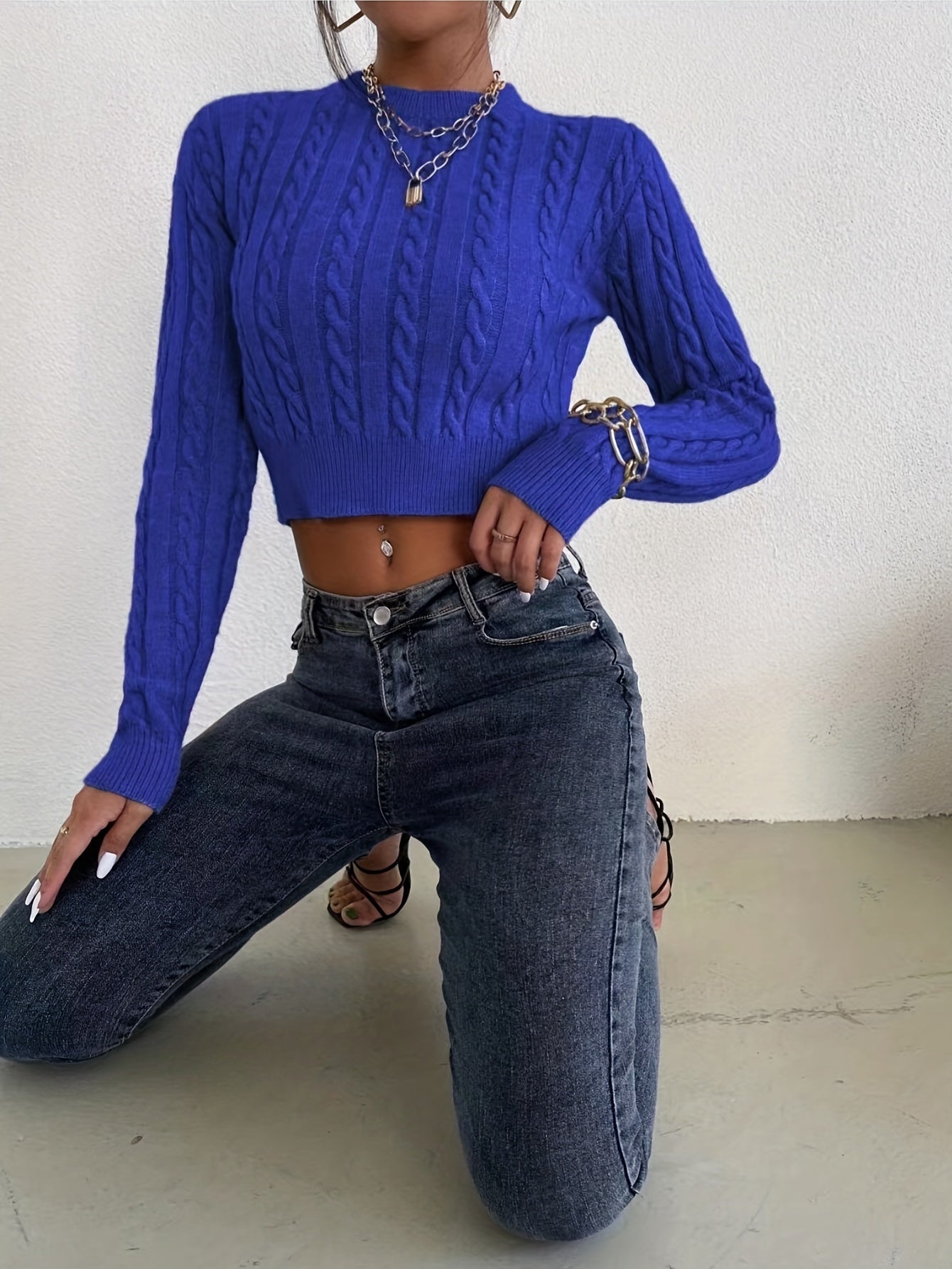 Sixsr Solid Cable Knit Sweater, Casual Crew Neck Long Sleeve Slim Sweater, Women's Clothing