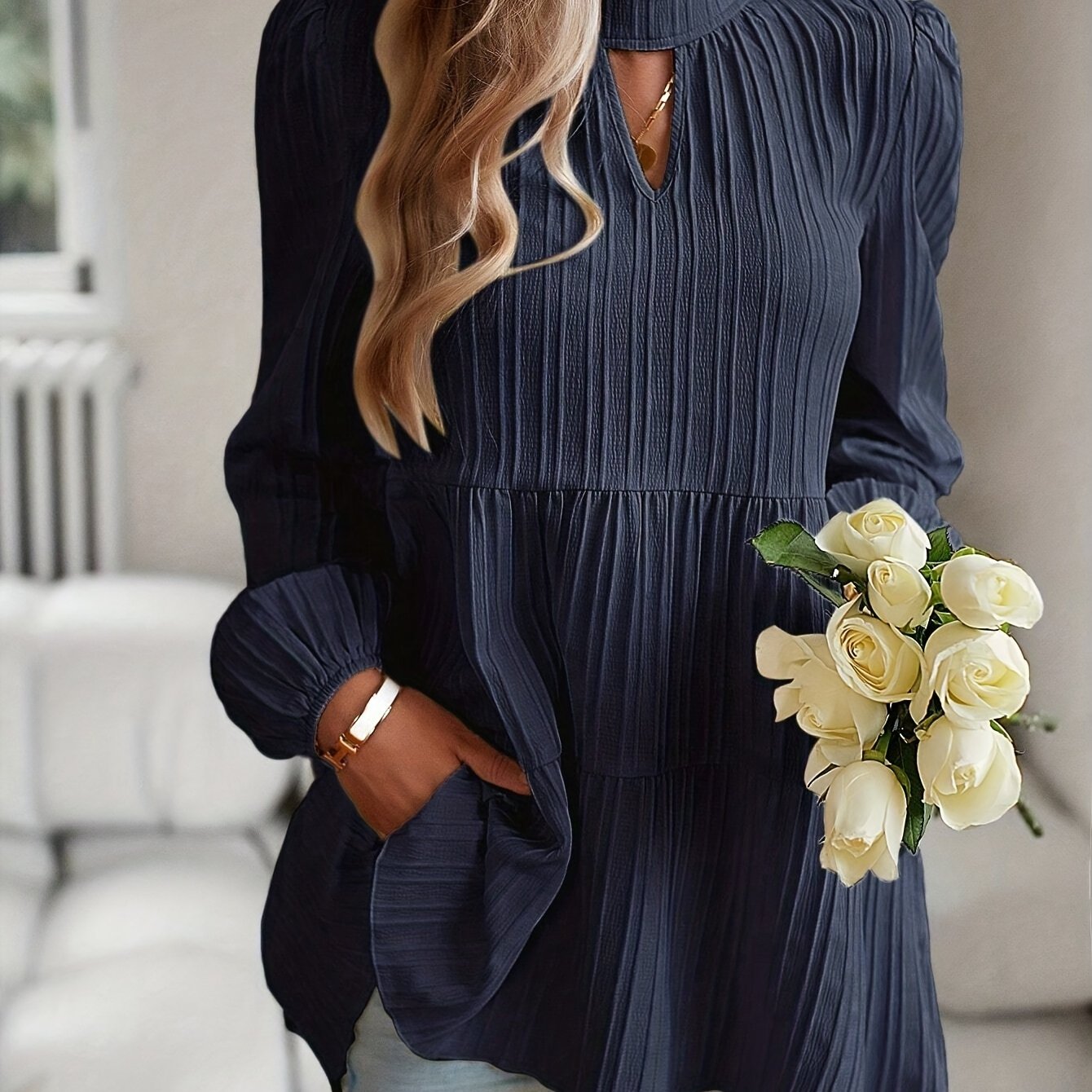 Sixsr Textured Keyhole Blouse, Elegant Mock Neck Long Sleeve Blouse, Women's Clothing