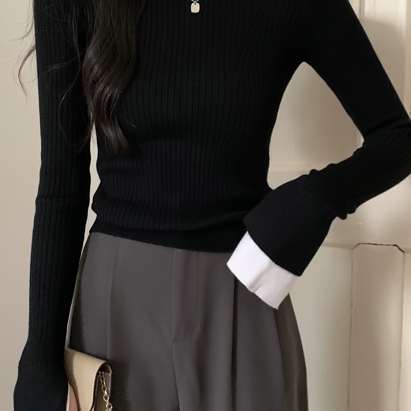 Sixsr Contrast Trim Crew Neck Pullover Sweater, Casual Long Sleeve Slim Knitting Sweater For Every Day, Women's Clothing