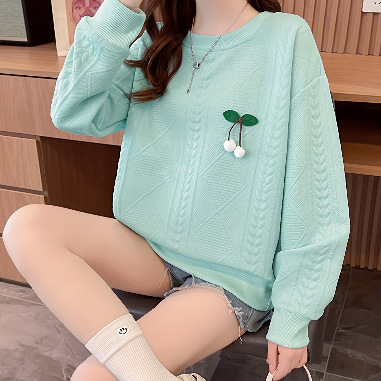 Sixsr Fruit Decor Pullover Textured Sweatshirt, Casual Long Sleeve Crew Neck Sweatshirt For Fall & Winter, Women's Clothing