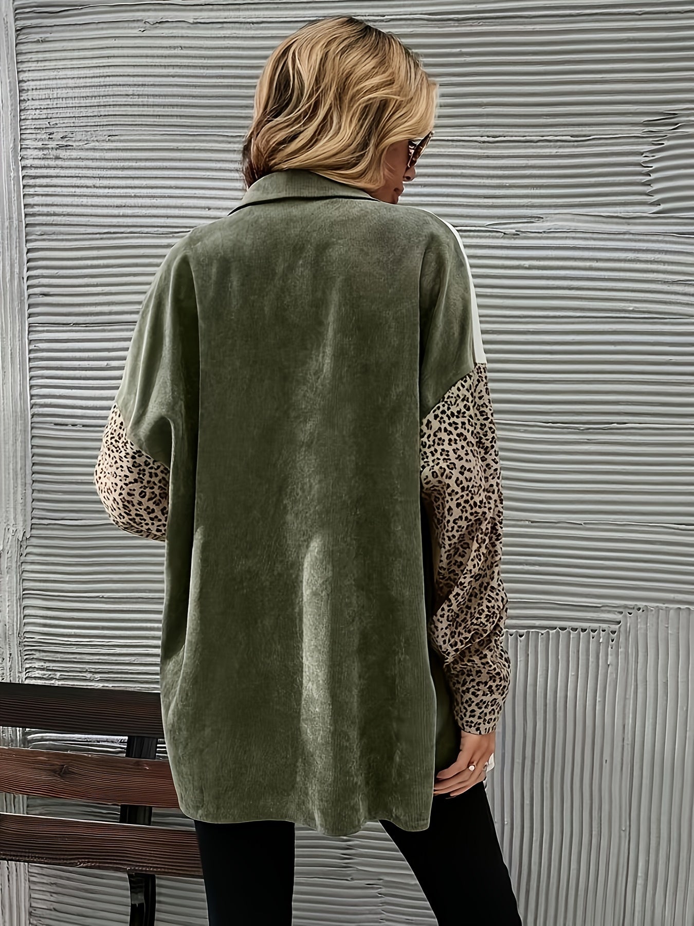 Sixsr Leopard Print Color Block Jacket, Casual Flap Pockets Lantern Sleeve Outwear For Spring & Fall, Women's Clothing