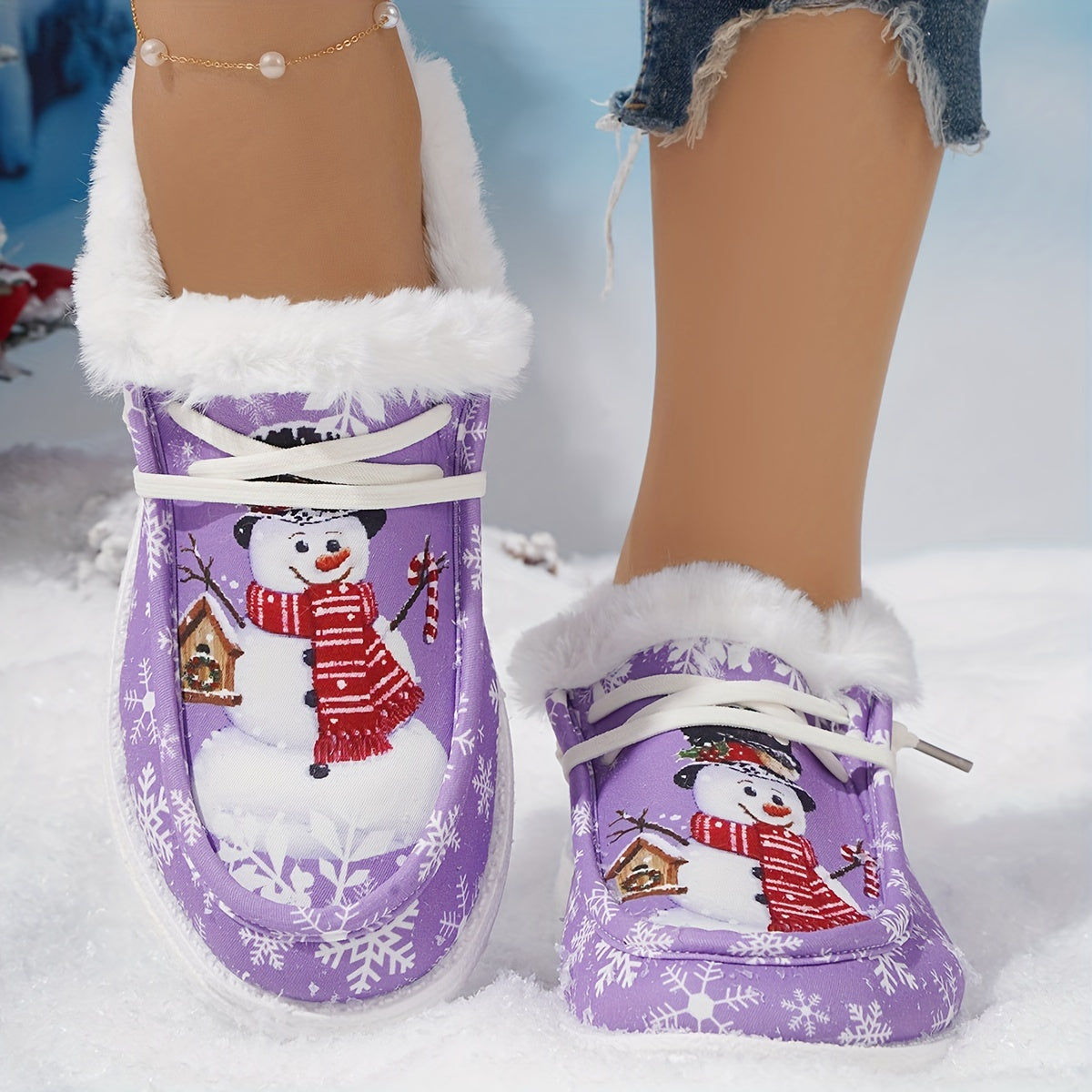 Thickened Warm Christmas Snowman Pattern Winter Outdoor Sneakers, Cute Comfortable Flat Snow Shoes