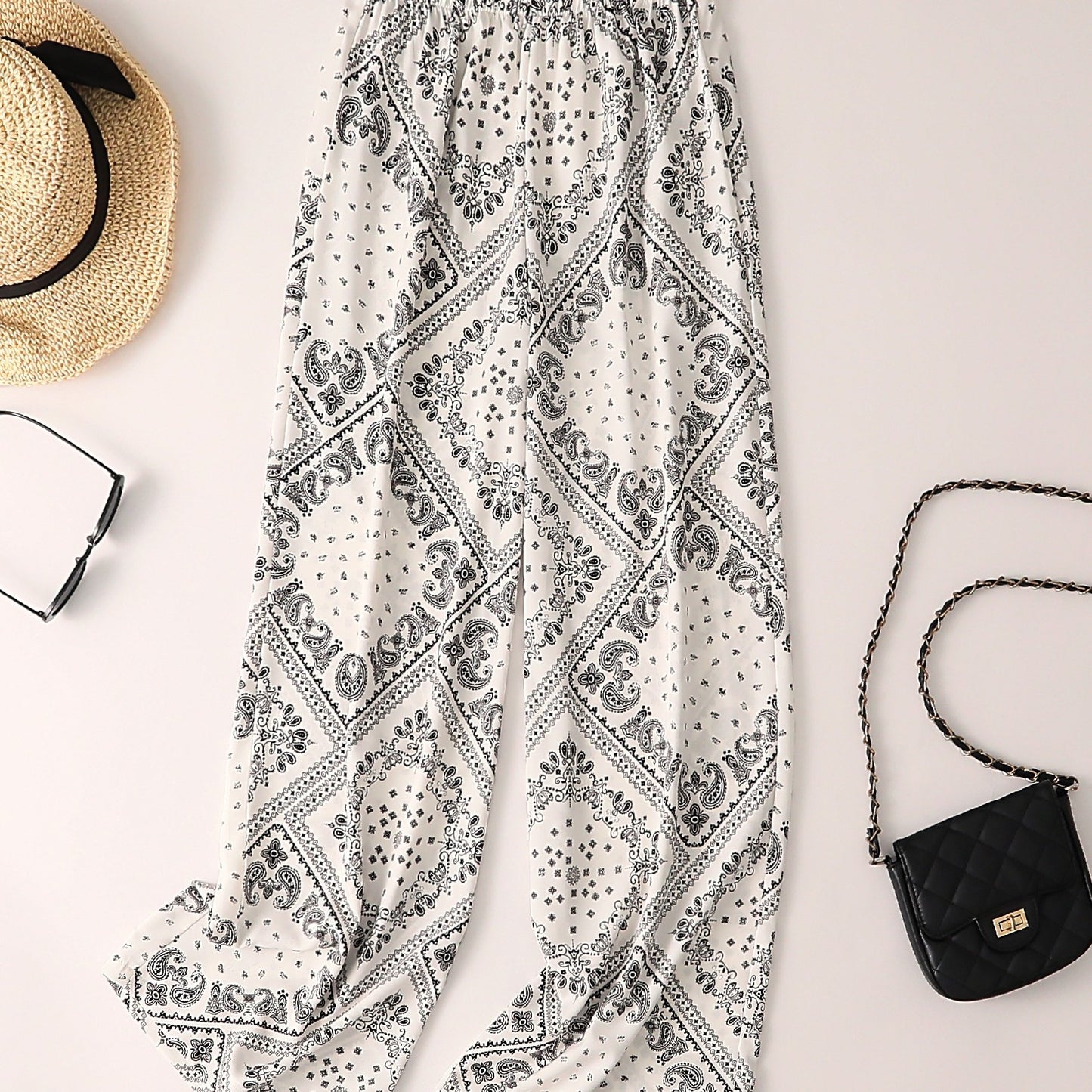 Paisley Scarf Print Wide Leg Pants, Boho Casual Loose Pants For Spring & Summer, Women's Clothing
