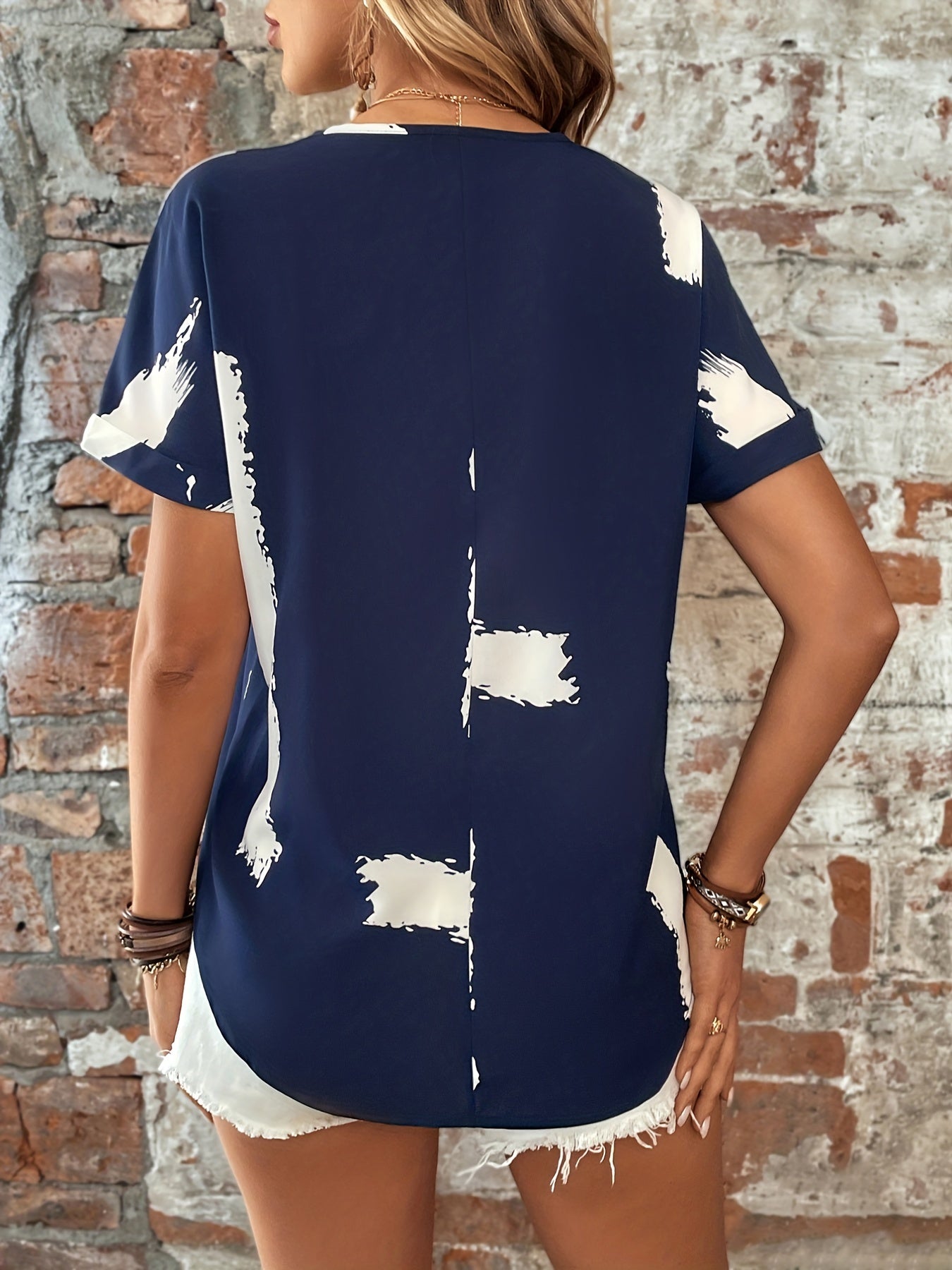 Sixsr Brush Print Loose Blouses, Casual V-neck Batwing Sleeve Shirts Tops, Women's Clothing