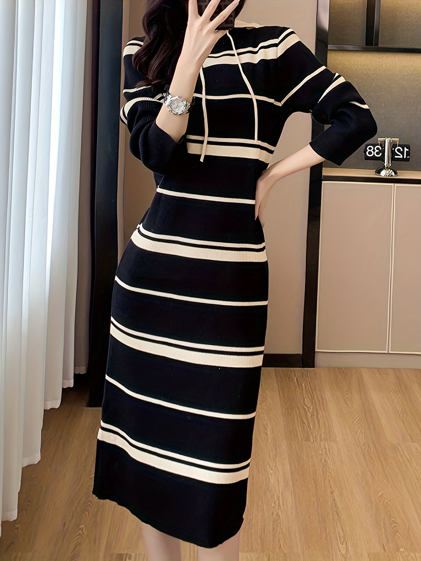 Sixsr Striped Pattern Drawstring Dress, Casual Hooded Bodycon Midi Dress, Women's Clothing