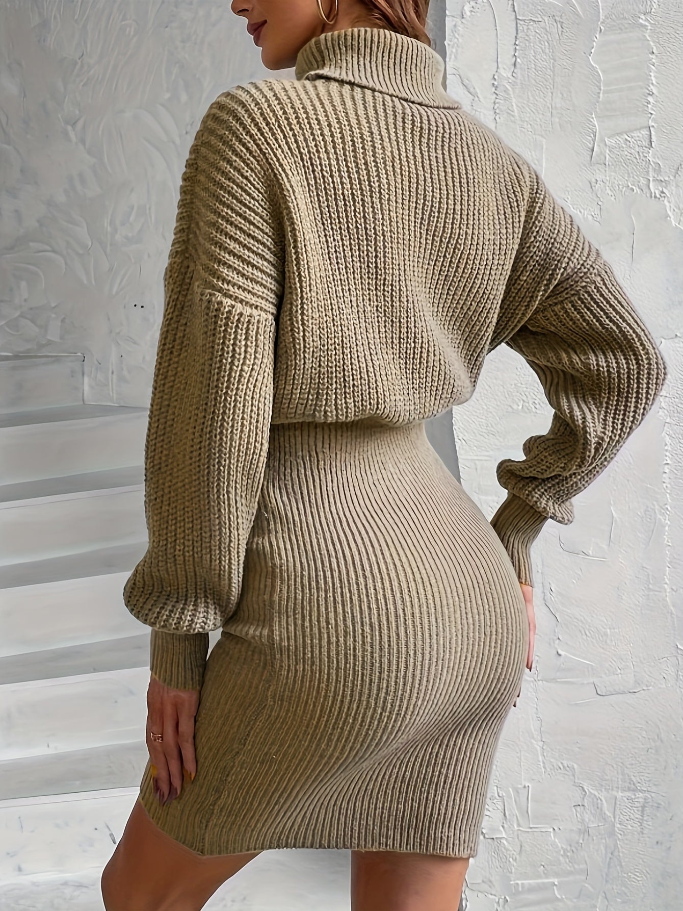 Sixsr Turtleneck Knit Sweater Dress, Casual Solid Long Sleeve Bodycon Dress, Women's Clothing