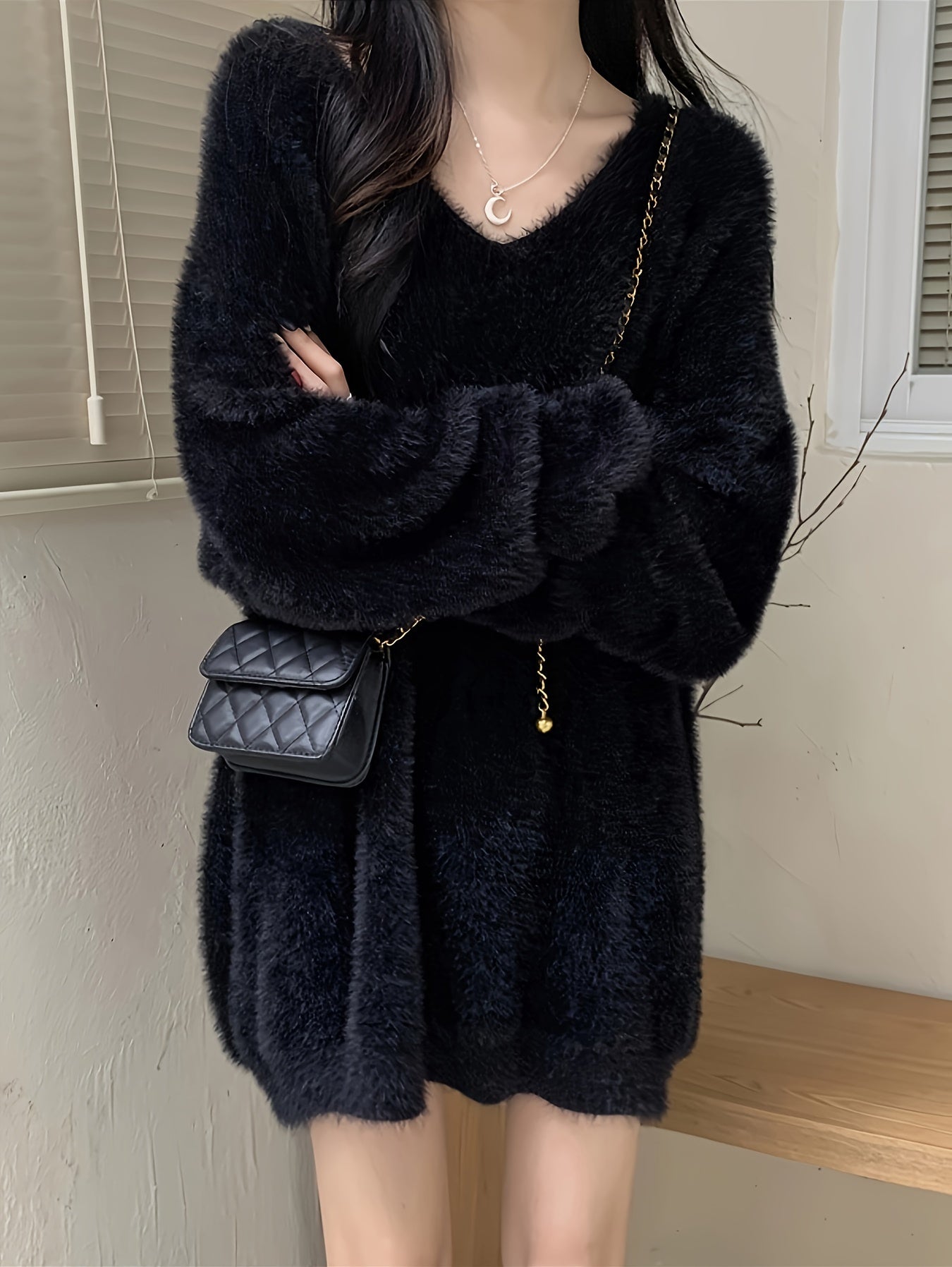 Sixsr Solid V Neck Soft Pullover Sweater, Casual Long Sleeve Loose Cozy Sweater, Women's Clothing