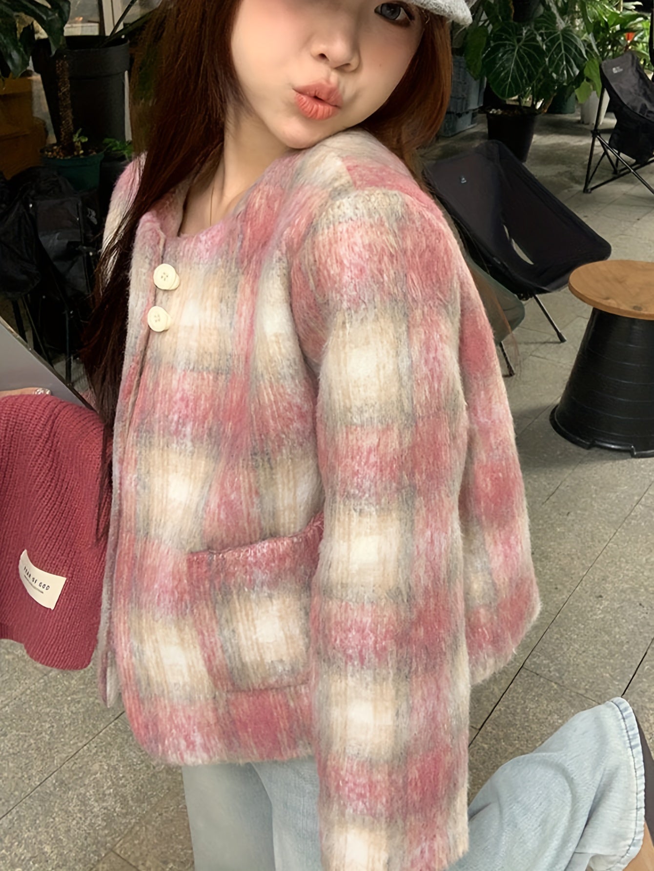 Sixsr Plaid Pattern Single Breasted Pockets Jacket, Elegant Long Sleeve Outwear For Fall & Winter, Women's Clothing