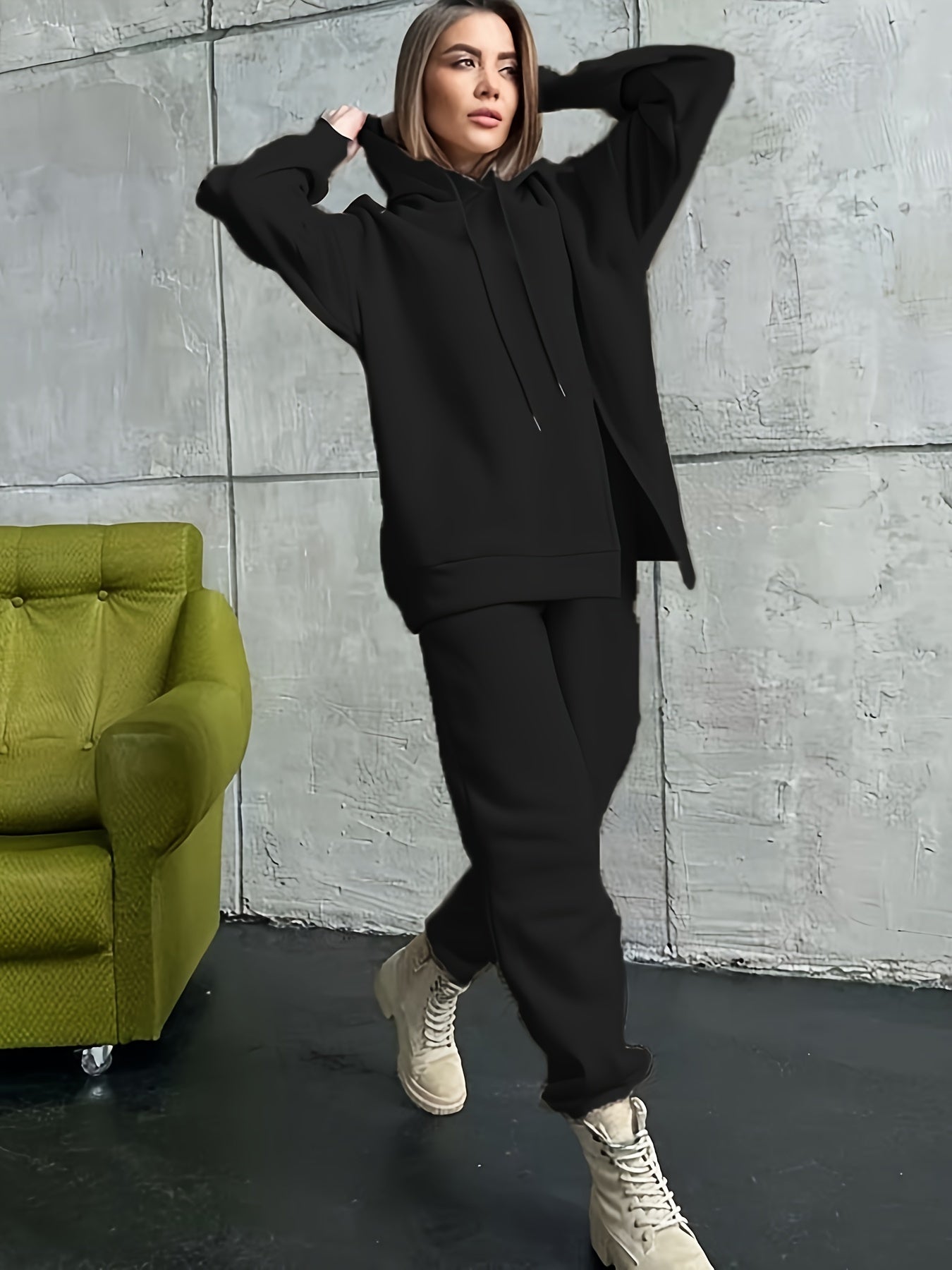 Sixsr Solid Casual Two-piece Set, Split Drawstring Hoodies Sweatshirt & Jogger Pants Outfits, Women's Clothing