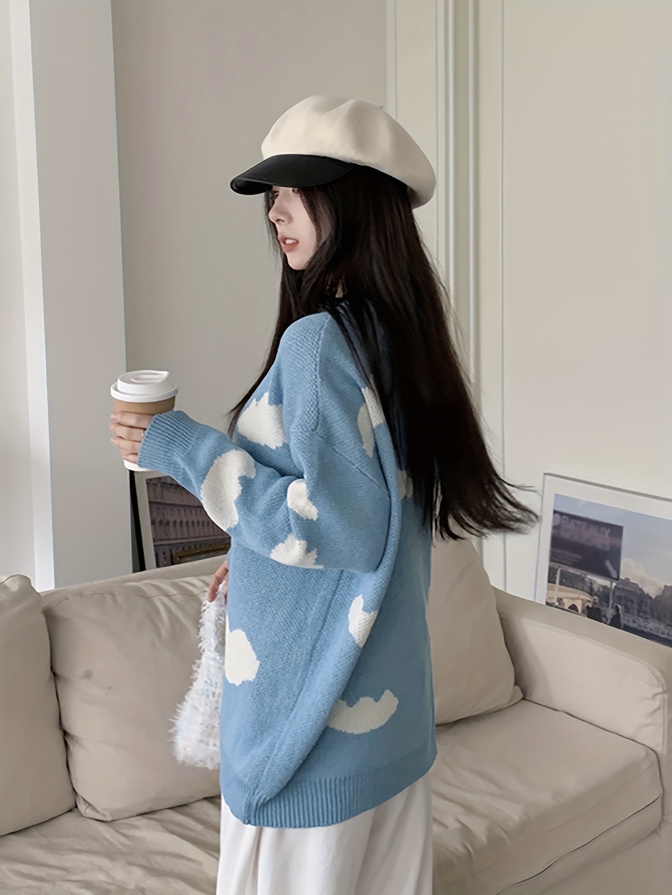 Sixsr Cloud Pattern Button Front Cardigan, Casual Long Sleeve Drop Shoulder Cardigan, Women's Clothing