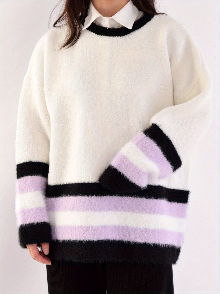 Sixsr Color Block Drop Shoulder Sweater, Casual Long Sleeve Sweater For Fall & Winter, Women's Clothing